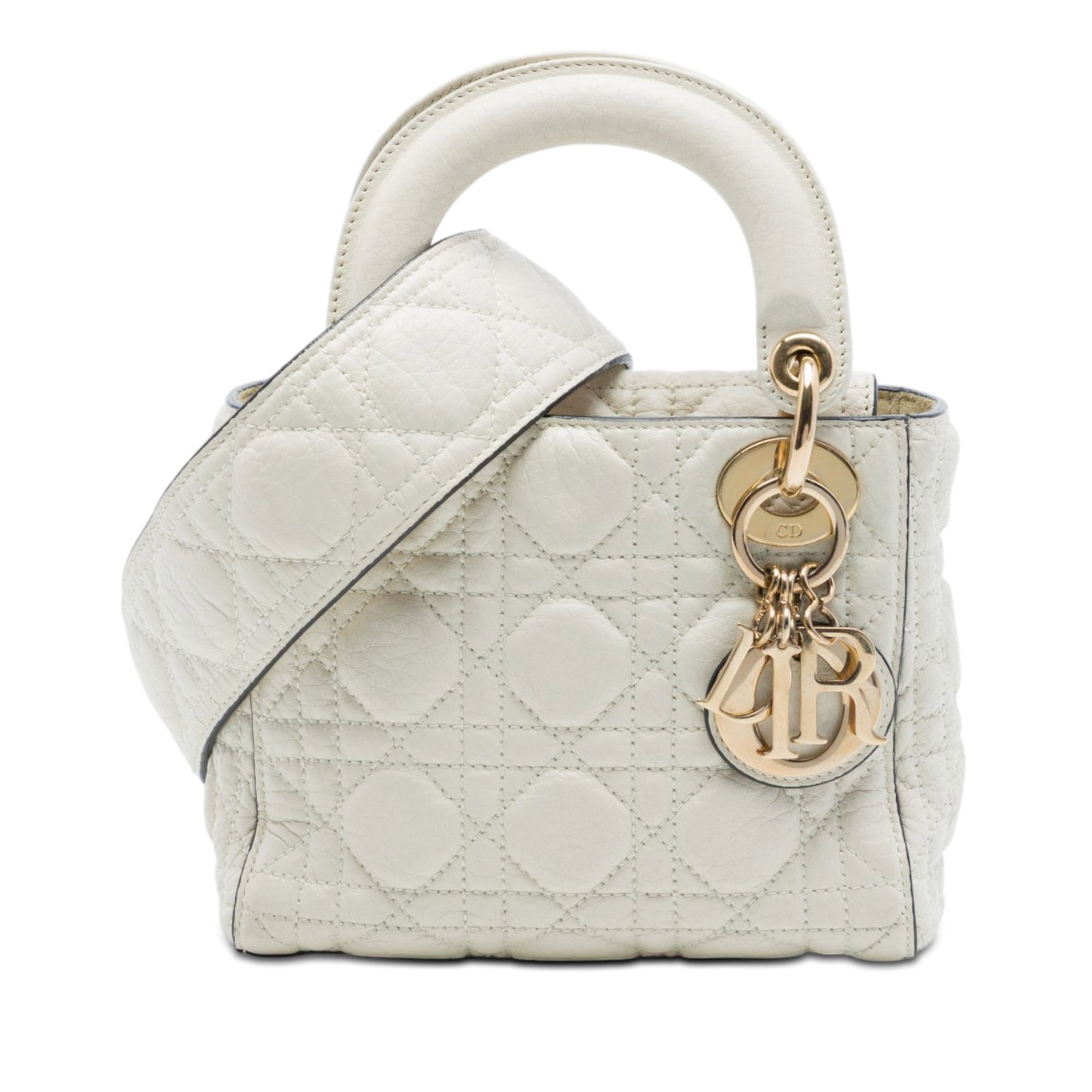 Dior Mini Lady Dior Cannage Lambskin Handbag White: Dior Mini Lady Dior Cannage Lambskin Handbag White A compact Lady Dior bag crafted in white quilted lambskin leather with the signature Cannage pattern. It features flat leather top handles, a detacha