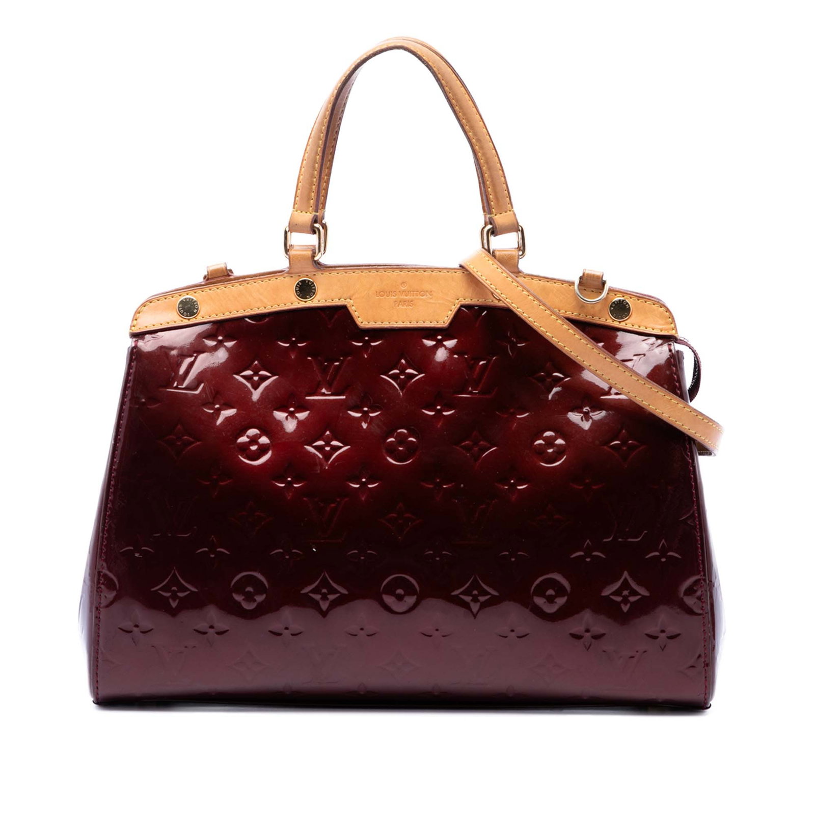Louis Vuitton Brea MM Monogram Vernis Leather Satchel Bag: Louis Vuitton Brea MM Monogram Vernis Leather Satchel Bag A Louis Vuitton Monogram Vernis Brea MM handbag crafted in red leather with flat vachetta leather handles, a detachable leather strap, and a t