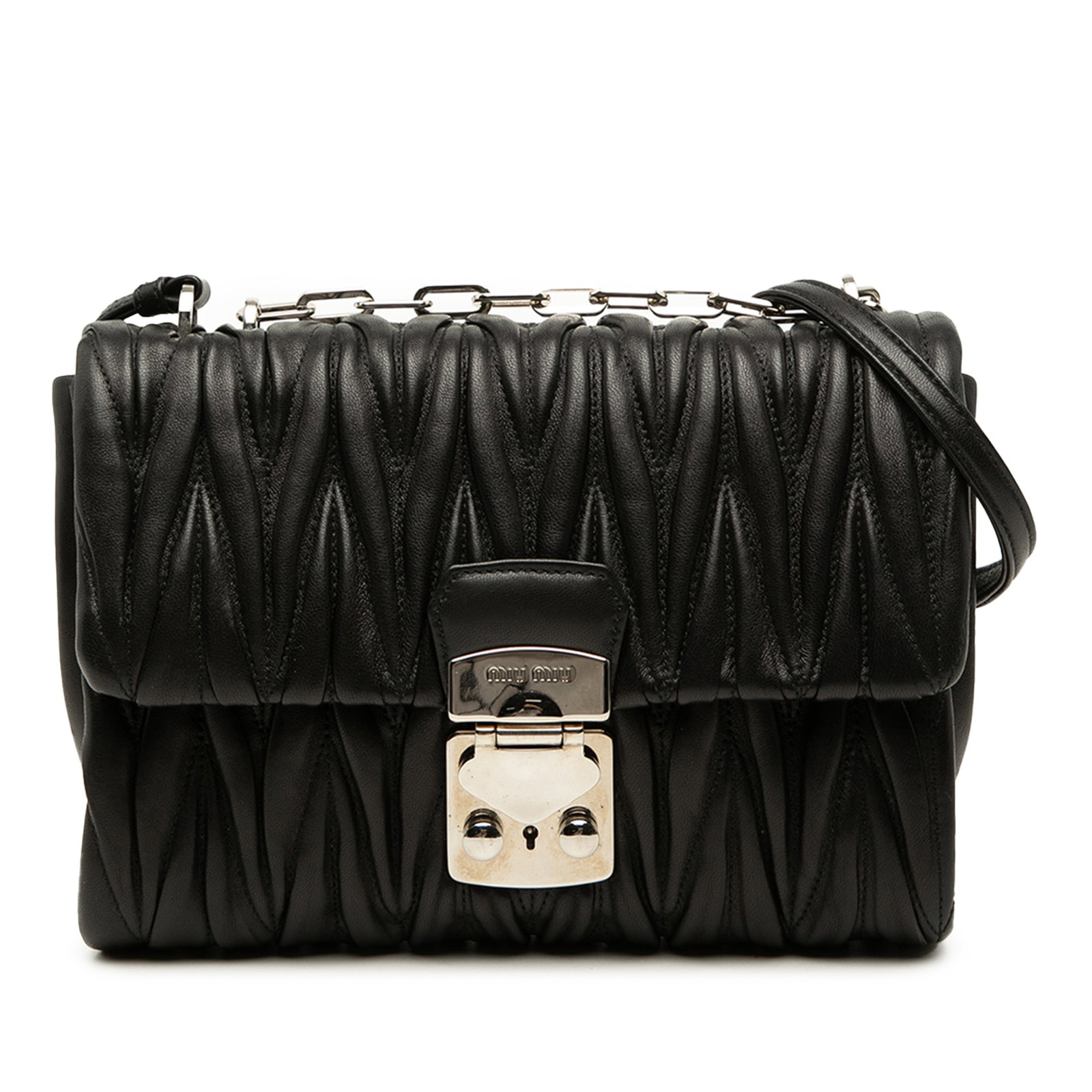 Miu Miu Matelasse Nappa Leather Shoulder Bag Push Lock Black: Miu Miu Matelasse Nappa Leather Shoulder Bag Push Lock Black Miu Miu shoulder bag crafted in black matelasse nappa leather with a push-lock flap closure. The design features a chain-link and adjustabl