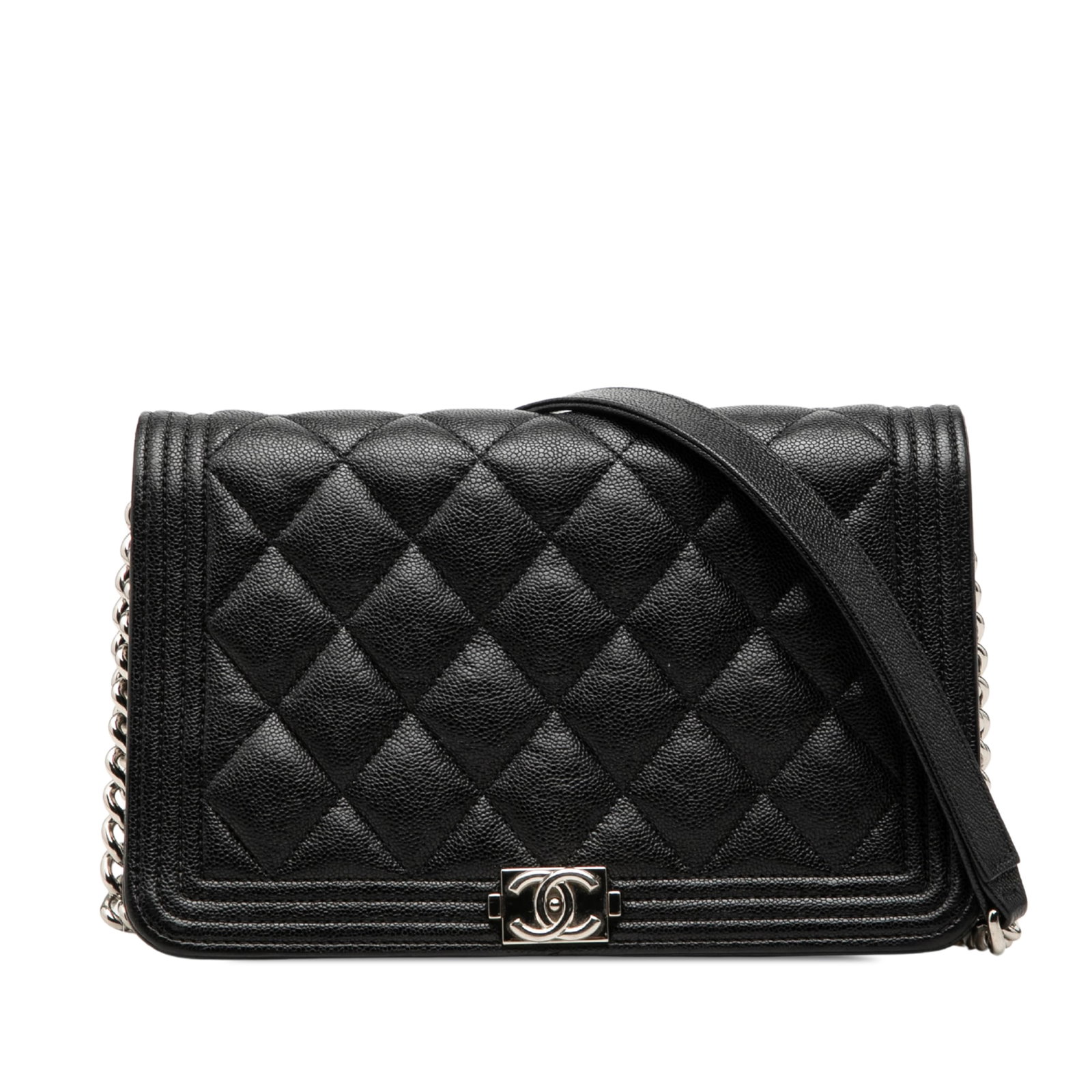 Chanel Boy Mini Wallet on Chain Quilted Caviar Leather Black: Chanel Boy Mini Wallet on Chain Quilted Caviar Leather Black A Chanel Mini Quilted Caviar Boy Wallet on Chain in black leather, made in France. This compact bag features a chain link shoulder strap wi