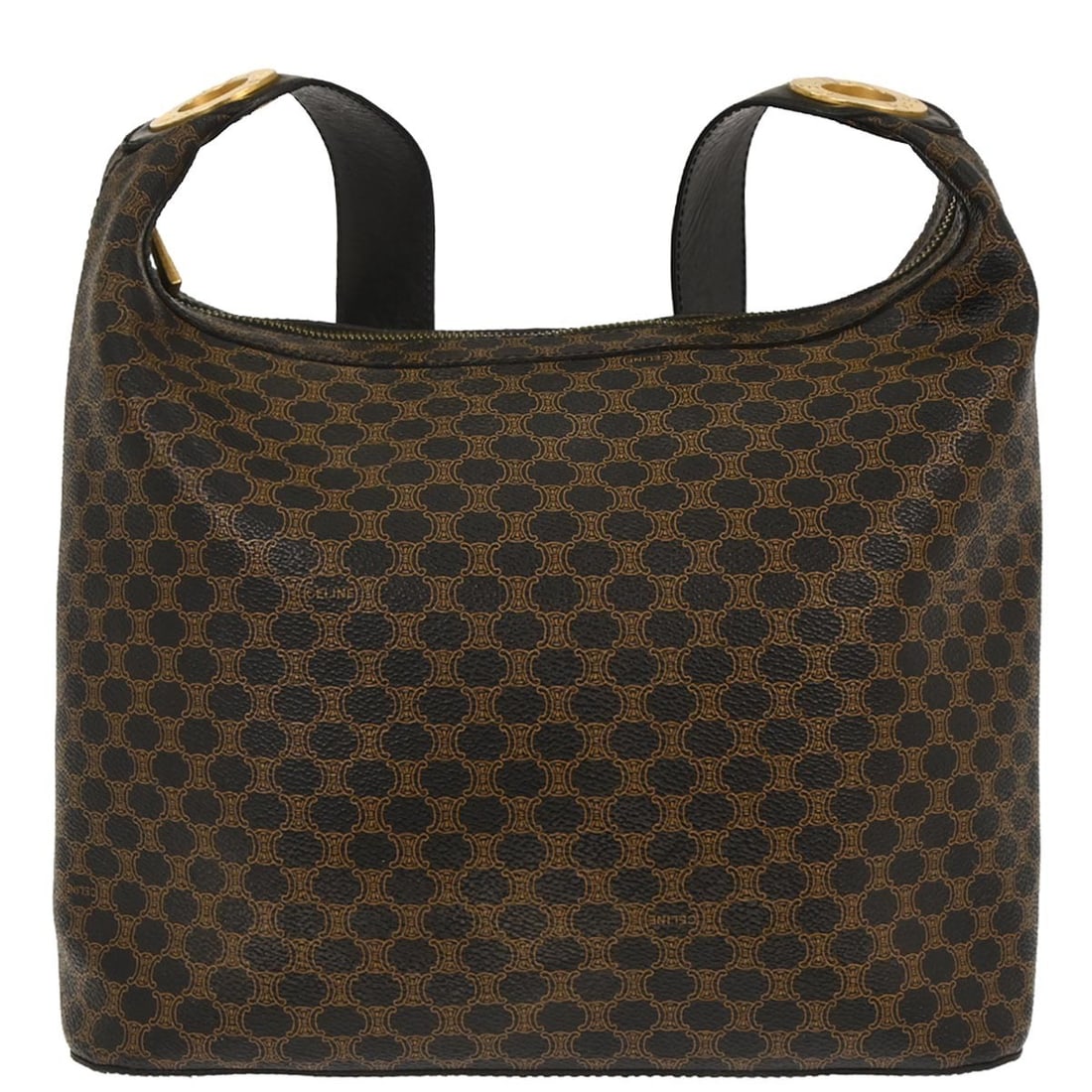 CELINE Macadam Shoulder Bag Black PVC and Leather Italy: CELINE Macadam Shoulder Bag Black PVC and Leather Italy Celine Macadam shoulder bag in black PVC and leather, made in Italy. It features a shoulder strap, logo accents, and a top handle bag style. The