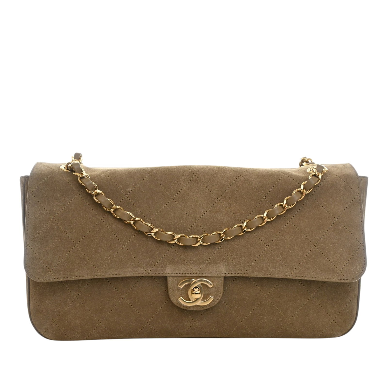 Chanel Souplissimo Maxi Flap Small Brown Quilted Suede Shoulder Bag: Chanel Souplissimo Maxi Flap Small Brown Quilted Suede Shoulder Bag A Chanel shoulder bag crafted with a quilted suede leather body and leather-woven chain shoulder straps. The design features a front