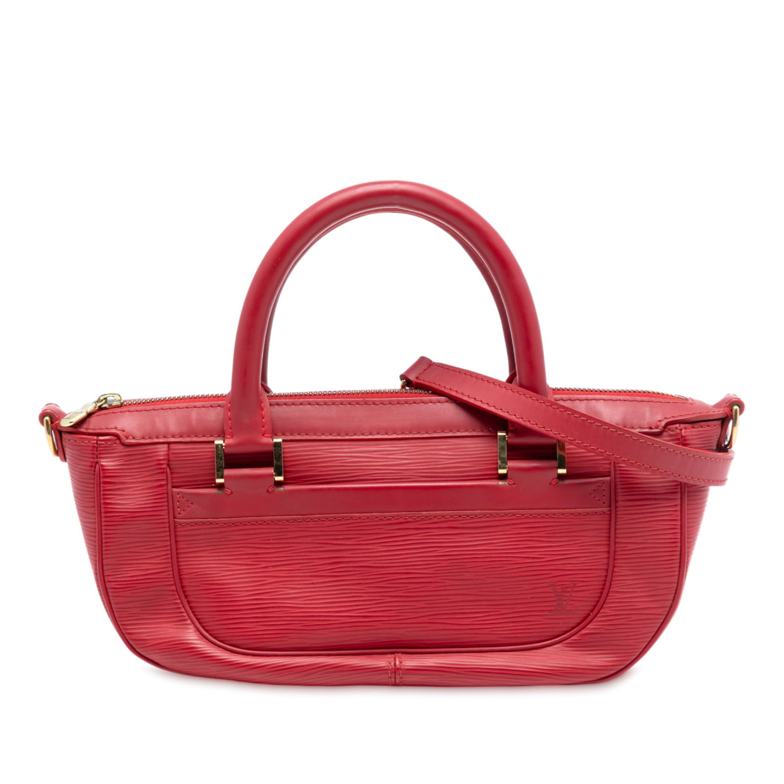 Red Epi Leather Dhanura PM Shoulder Bag by Louis Vuitton: Red Epi Leather Dhanura PM Shoulder Bag by Louis Vuitton The Louis Vuitton Epi Dhanura PM features a red epi leather body with rolled leather handles, a detachable flat strap, a top zip closure, exter