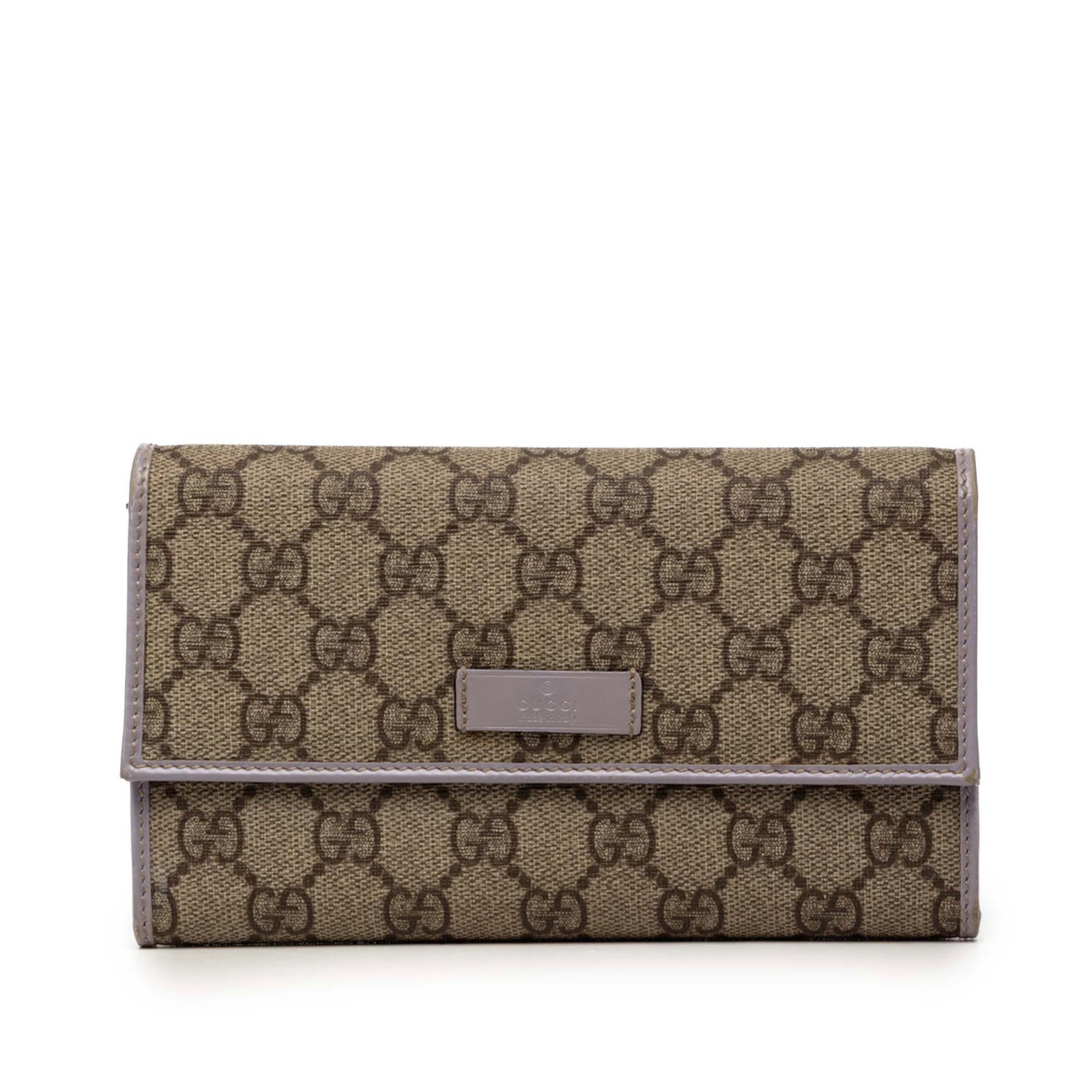 Gucci GG Supreme Flap Continental Wallet Beige Coated Canvas: Gucci GG Supreme Flap Continental Wallet Beige Coated Canvas Long wallet in GG Supreme coated canvas with leather trim, featuring a front flap with snap closure, an interior flap compartment, and slip