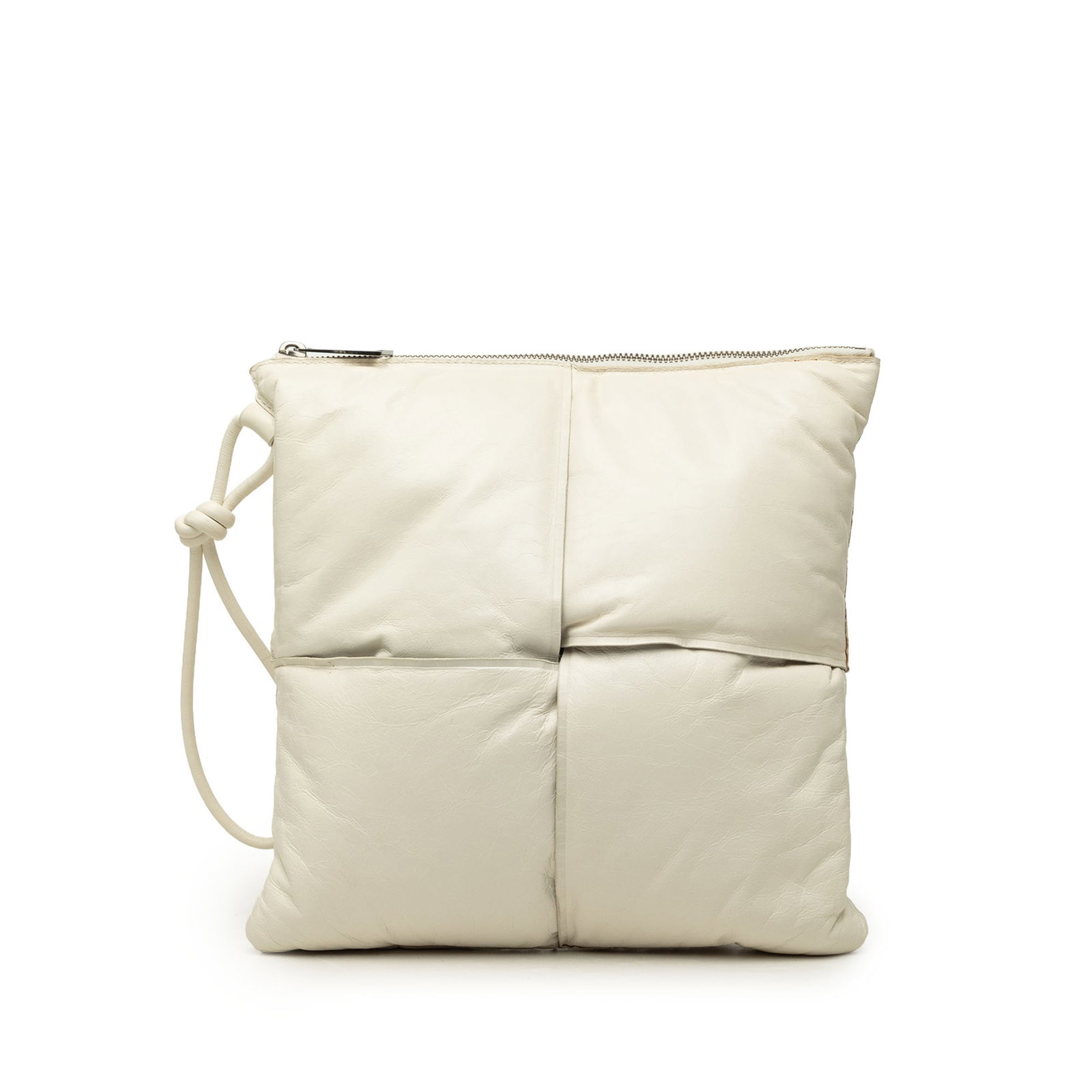 Bottega Veneta Nappa Maxi Intrecciato Leather Wristlet Clutch: Bottega Veneta Nappa Maxi Intrecciato Leather Wristlet Clutch A Bottega Veneta wristlet pouch crafted in white leather with the Maxi Intrecciato padded square design. It features a rolled wrist strap,