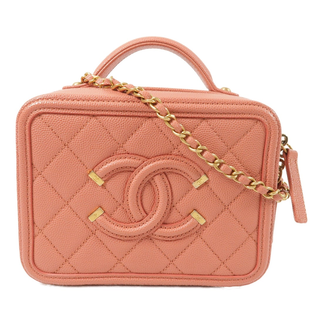 CHANEL CC Vanity Case Pink Calfskin 2way Shoulder Bag: CHANEL CC Vanity Case Pink Calfskin 2way Shoulder Bag CHANEL vanity case in pink calfskin leather, presented as a 2way shoulder bag. It features a pink frame color, a fastener closure, and an interior