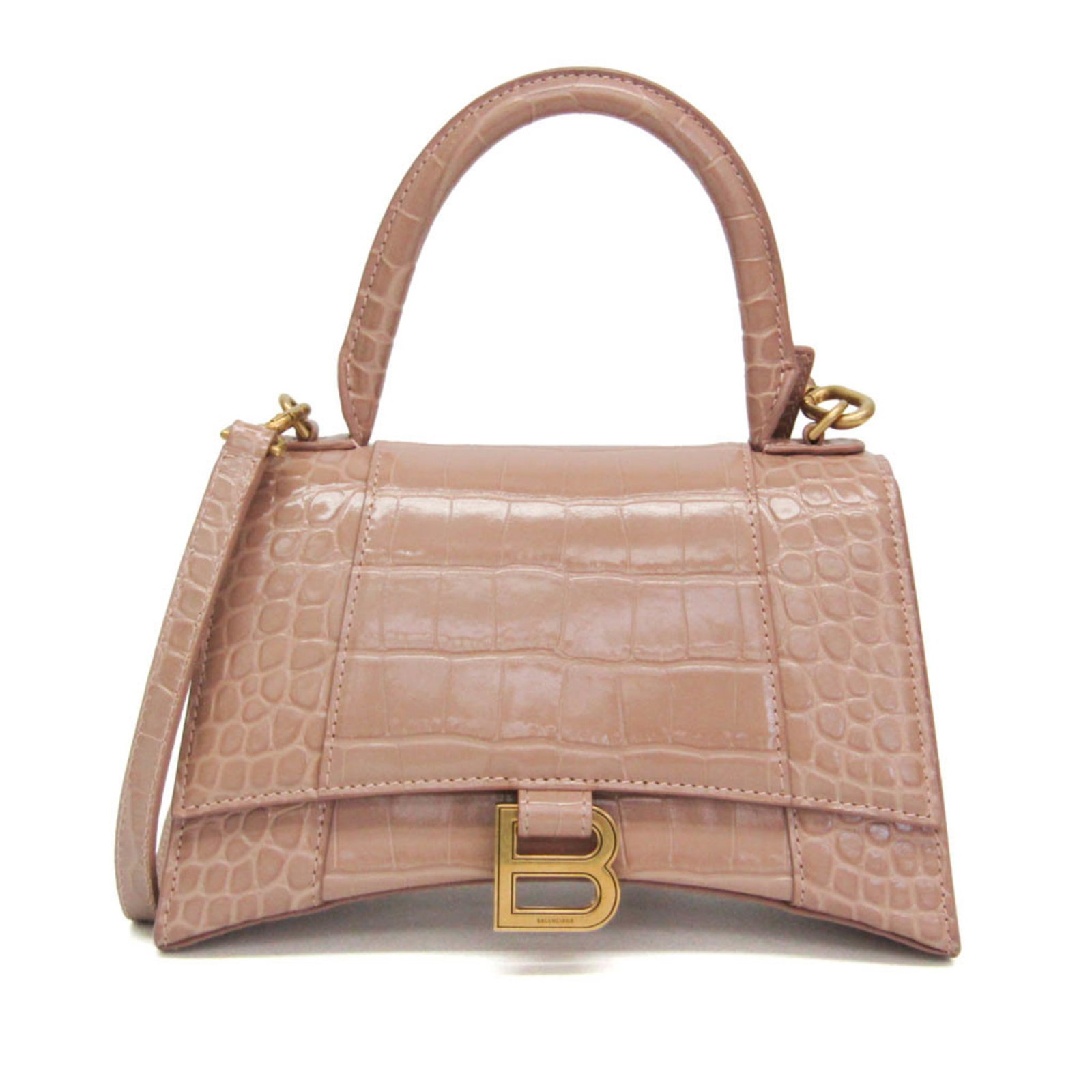 Balenciaga Hourglass Pink Leather Handbag: Balenciaga Hourglass Pink Leather Handbag Balenciaga Hourglass handbag in pink crocodile-embossed leather. Made in Italy, this piece is presented in very good condition with light handle scuffing on t
