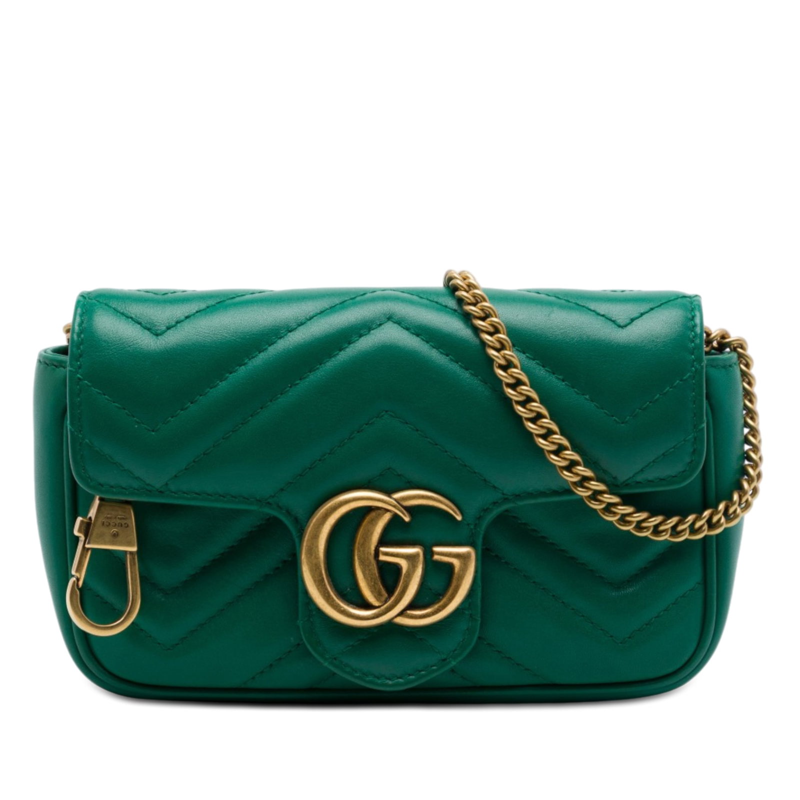 Gucci GG Marmont Mini Flap Crossbody Bag Green Leather: Gucci GG Marmont Mini Flap Crossbody Bag Green Leather Compact and structured, this Gucci Mini GG Marmont Matelasse Calfskin Flap Crossbody is crafted in green quilted leather with a chain link should