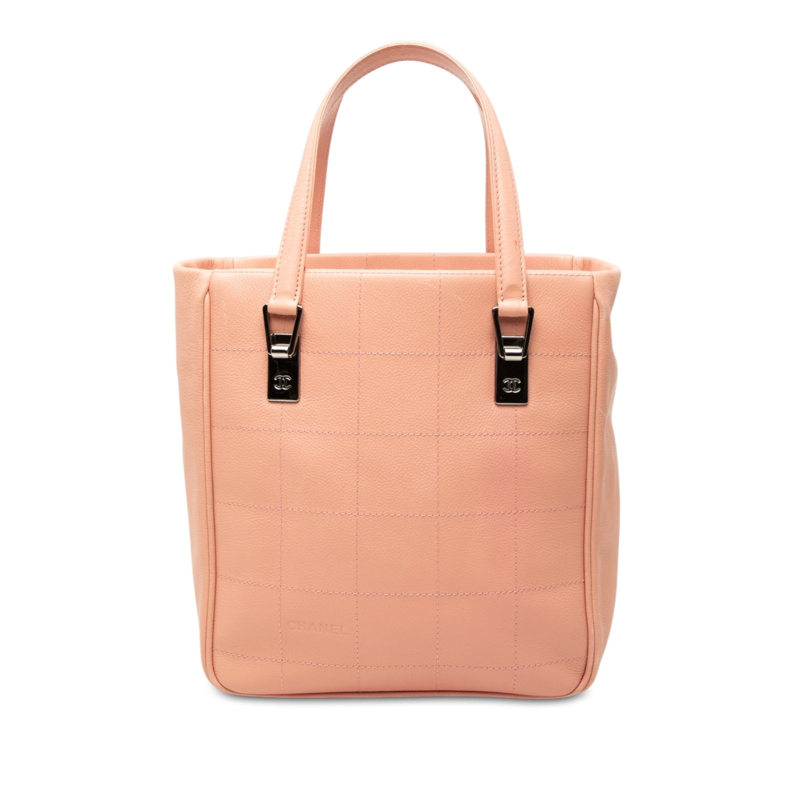 Chanel CC Chocolate Bar Pink Caviar Leather Tote Bag: Chanel CC Chocolate Bar Pink Caviar Leather Tote Bag A Chanel CC Chocolate Bar Caviar Tote in pink quilted caviar leather. This tote features flat handles, an open top, and interior zip pockets. Condi