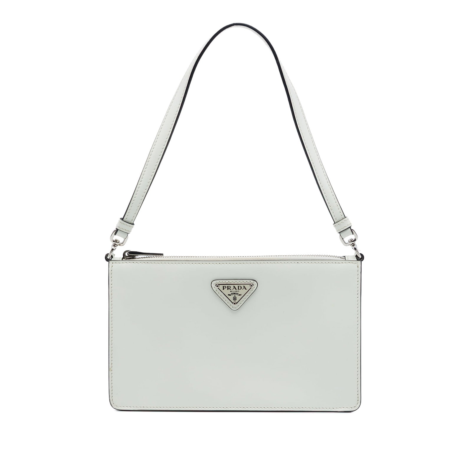 Prada Brushed Leather White Shoulder Bag: Prada Brushed Leather White Shoulder Bag A Prada brushed leather shoulder bag in white with a structured silhouette and clean, compact profile. It features a leather body, a flat leather shoulder stra