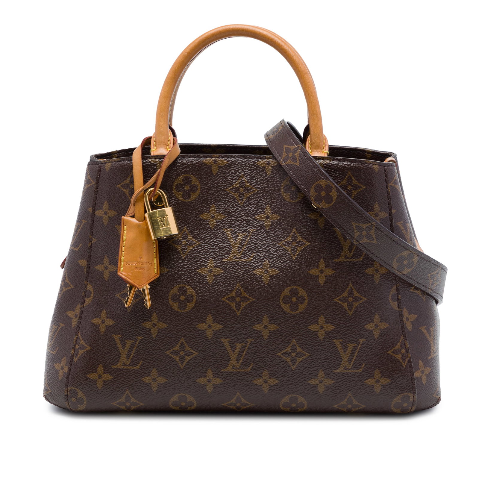 Louis Vuitton Montaigne BB Monogram Canvas Satchel Bag: Louis Vuitton Montaigne BB Monogram Canvas Satchel Bag Louis Vuitton Monogram Montaigne BB handbag with a monogram canvas body, rolled vachetta leather handles, and a detachable shoulder strap. The ba