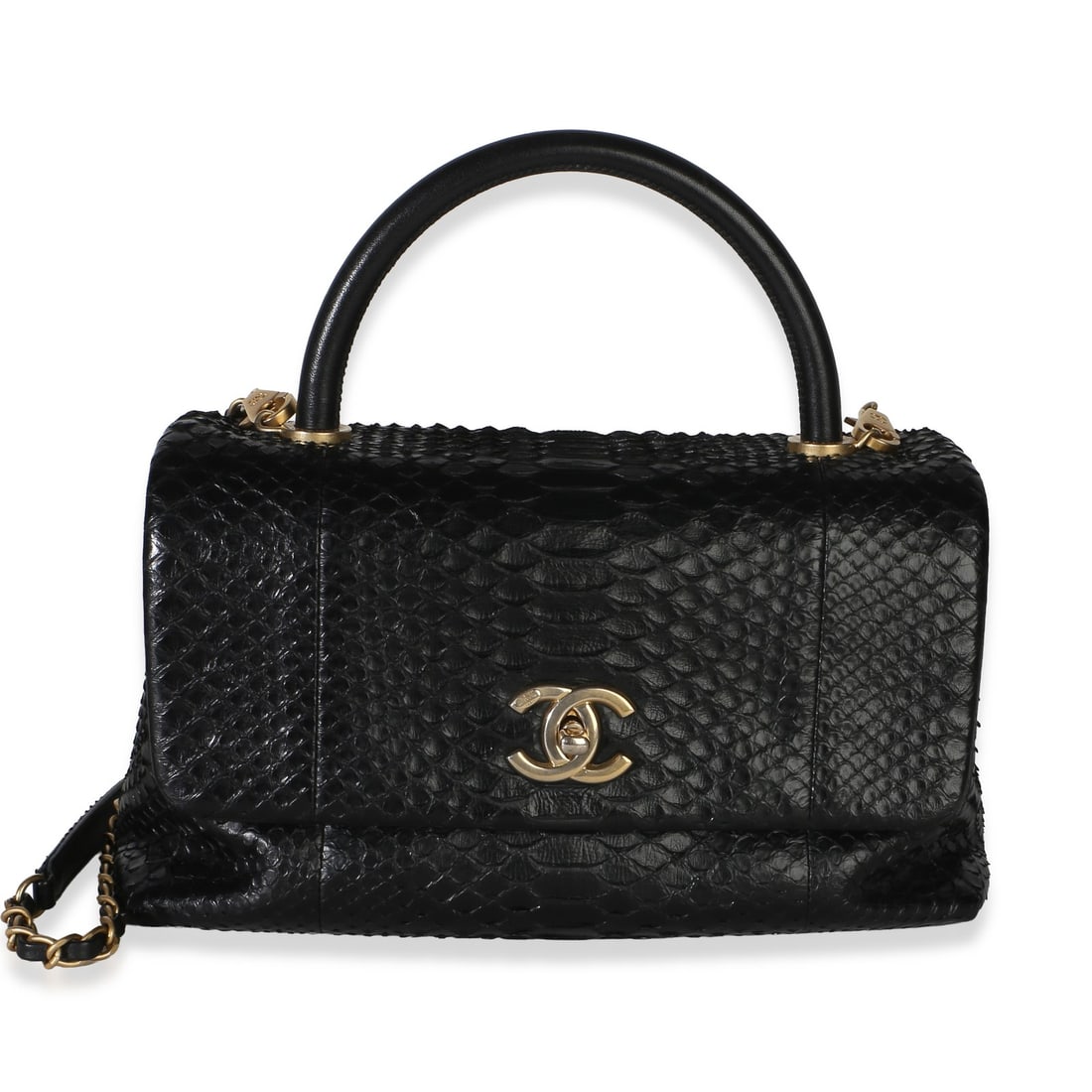 Chanel Medium Coco Top Handle Bag Black Python Leather: Chanel Medium Coco Top Handle Bag Black Python Leather Chanel Medium Coco Top Handle Bag in black exotic material with a structured silhouette, turnlock closure, leather lining, and both top handle an