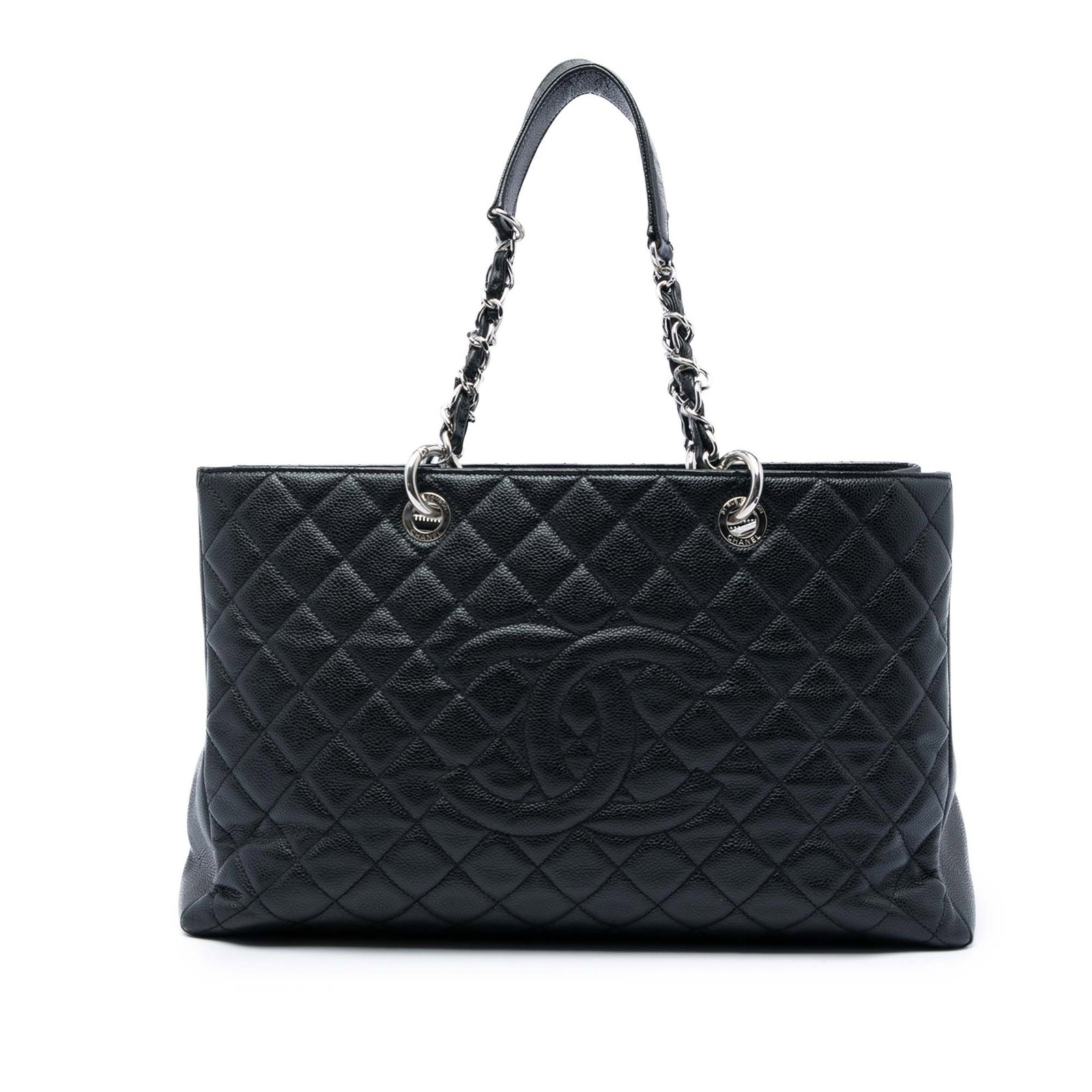Chanel Grand Shopping Tote XL Black Caviar Leather Bag: Chanel Grand Shopping Tote XL Black Caviar Leather Bag A Chanel Grand Shopping Tote XL crafted in black caviar leather with curb chain straps and an open top. The bag includes an exterior back slip po