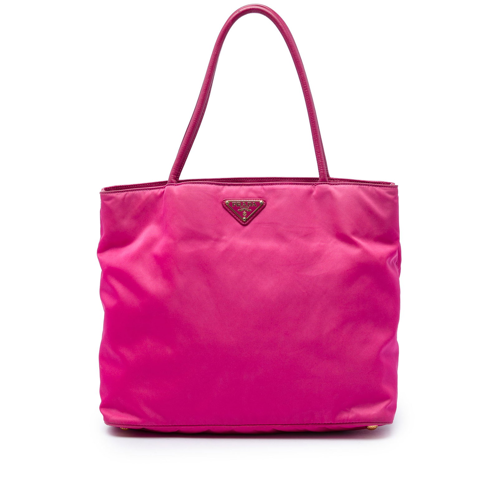 Prada Tessuto City Tote Pink Nylon Handbag: Prada Tessuto City Tote Pink Nylon Handbag Prada Tessuto City Tote in pink fabric with rolled handles, an open top, and interior zip pockets. Made in Italy. Condition is B+ with visible wear and use, 