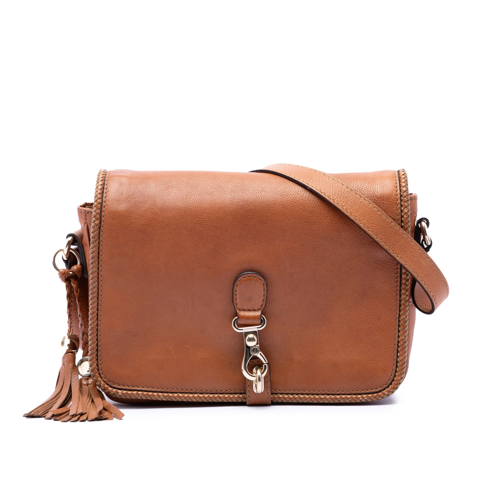 Gucci Marrakech Leather Crossbody Bag Brown: Gucci Marrakech Leather Crossbody Bag Brown Gucci Marrakech crossbody bag crafted in brown calfskin leather. This crossbody style features a tassel detail, a flat leather strap, a front flap with clas