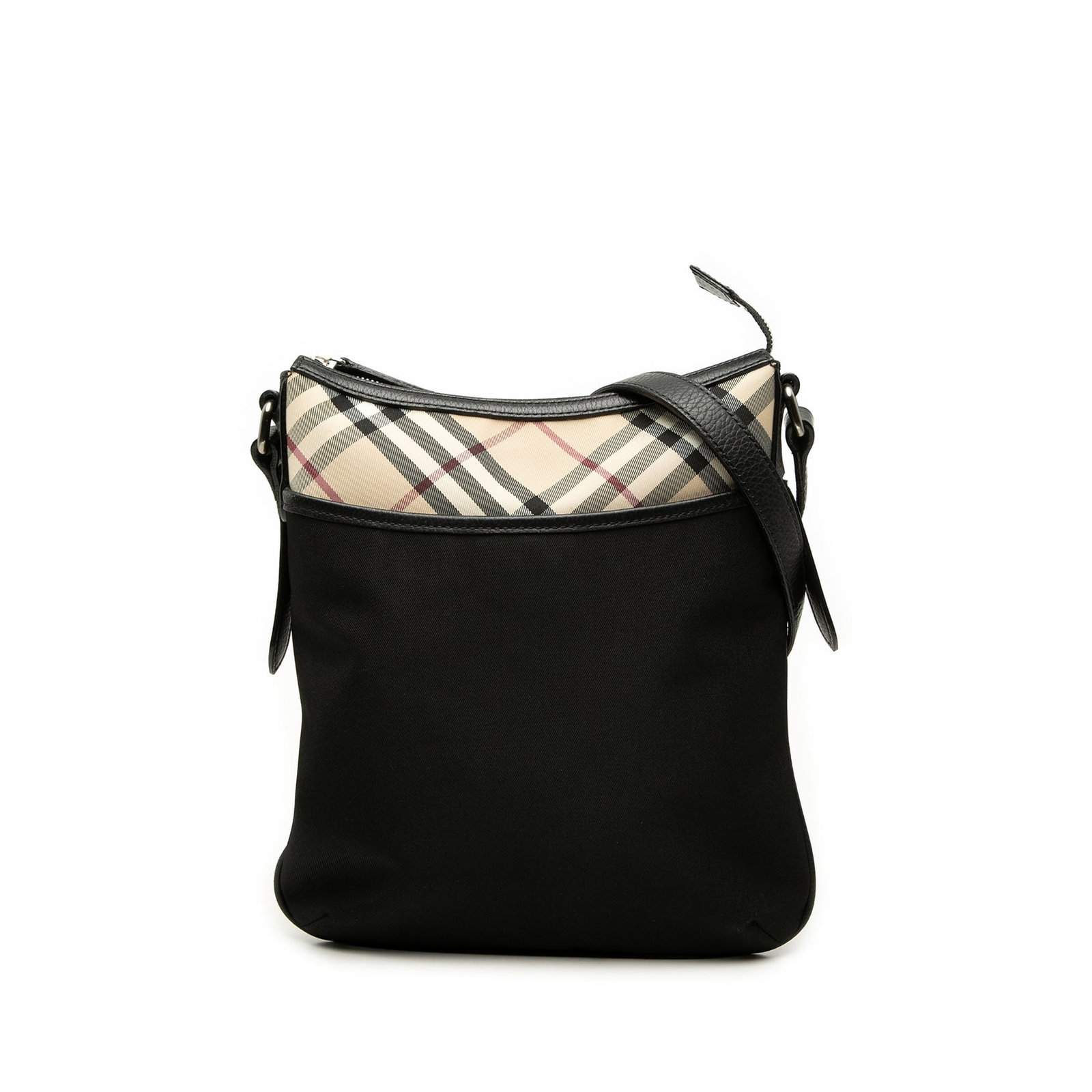 Burberry Nova Check nylon crossbody bag with black leather strap: Burberry Nova Check nylon crossbody bag with black leather strap Burberry crossbody bag in black nylon with Nova Check canvas trim. It features an adjustable flat leather shoulder strap, top zip closu
