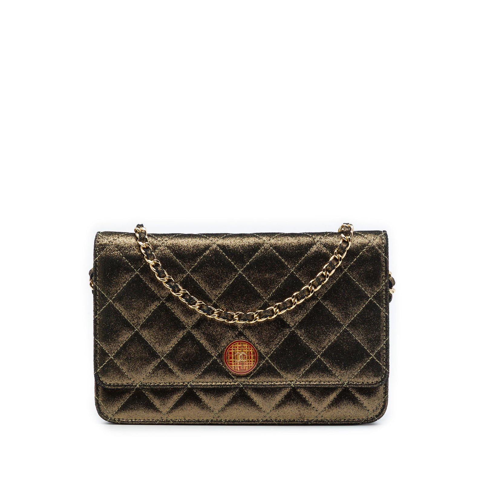 Chanel Tartan Button Wallet On Chain in Iridescent Quilted Lambskin: Chanel Tartan Button Wallet On Chain in Iridescent Quilted Lambskin A Chanel wallet on chain crafted in quilted iridescent lambskin with a tartan button design. It features a leather-woven chain link 