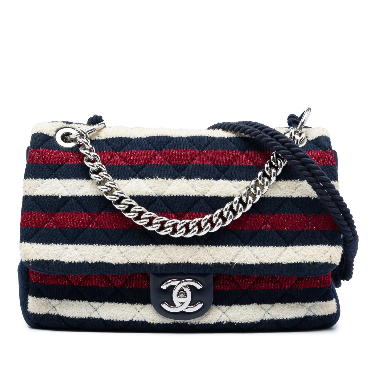 Chanel Jumbo Stripe Flap Satchel Blue Fabric Rope Strap (1 of 6)