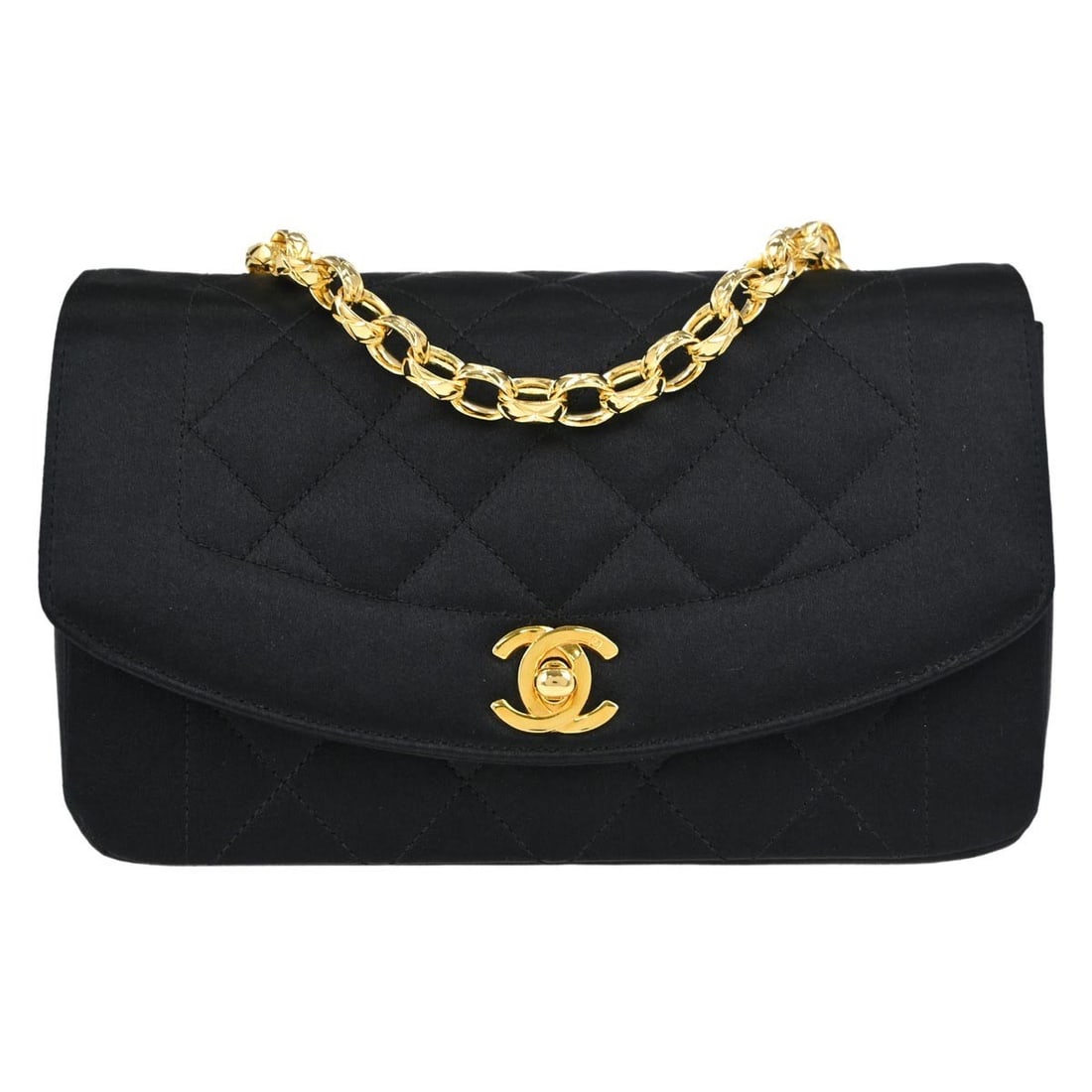 CHANEL Diana Mini Shoulder Bag Black Satin Quilted Flap: CHANEL Diana Mini Shoulder Bag Black Satin Quilted Flap Chanel Diana mini shoulder bag in black satin with a matelasse quilted finish and flap turn-lock closure. This small women's bag features a sing