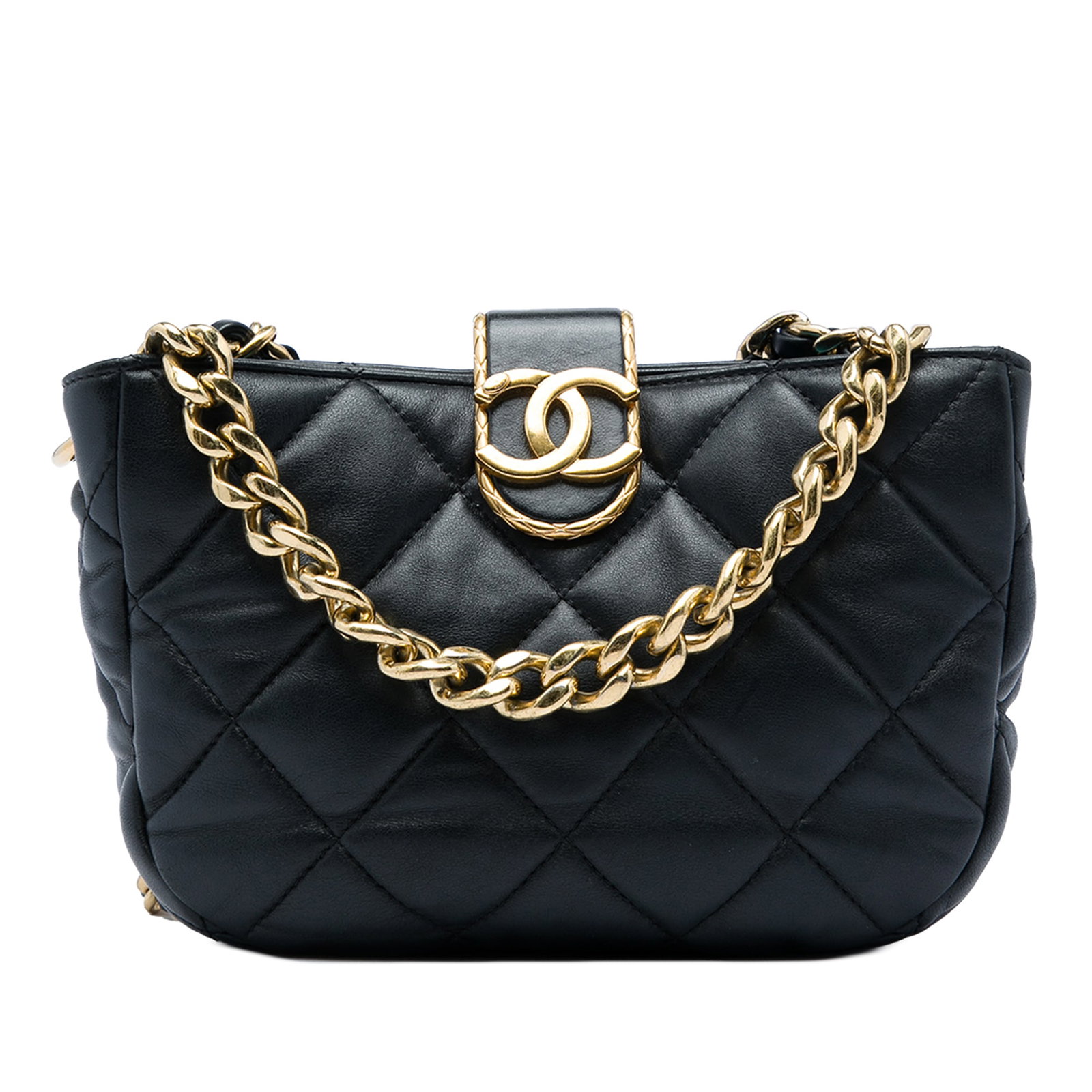 Chanel CC Chain Hobo Bag in Black Quilted Lambskin: Chanel CC Chain Hobo Bag in Black Quilted Lambskin A Chanel CC quilted lambskin chain hobo bag in black. This bag features a quilted lambskin leather body, a chain-link handle, a leather-woven chain-l