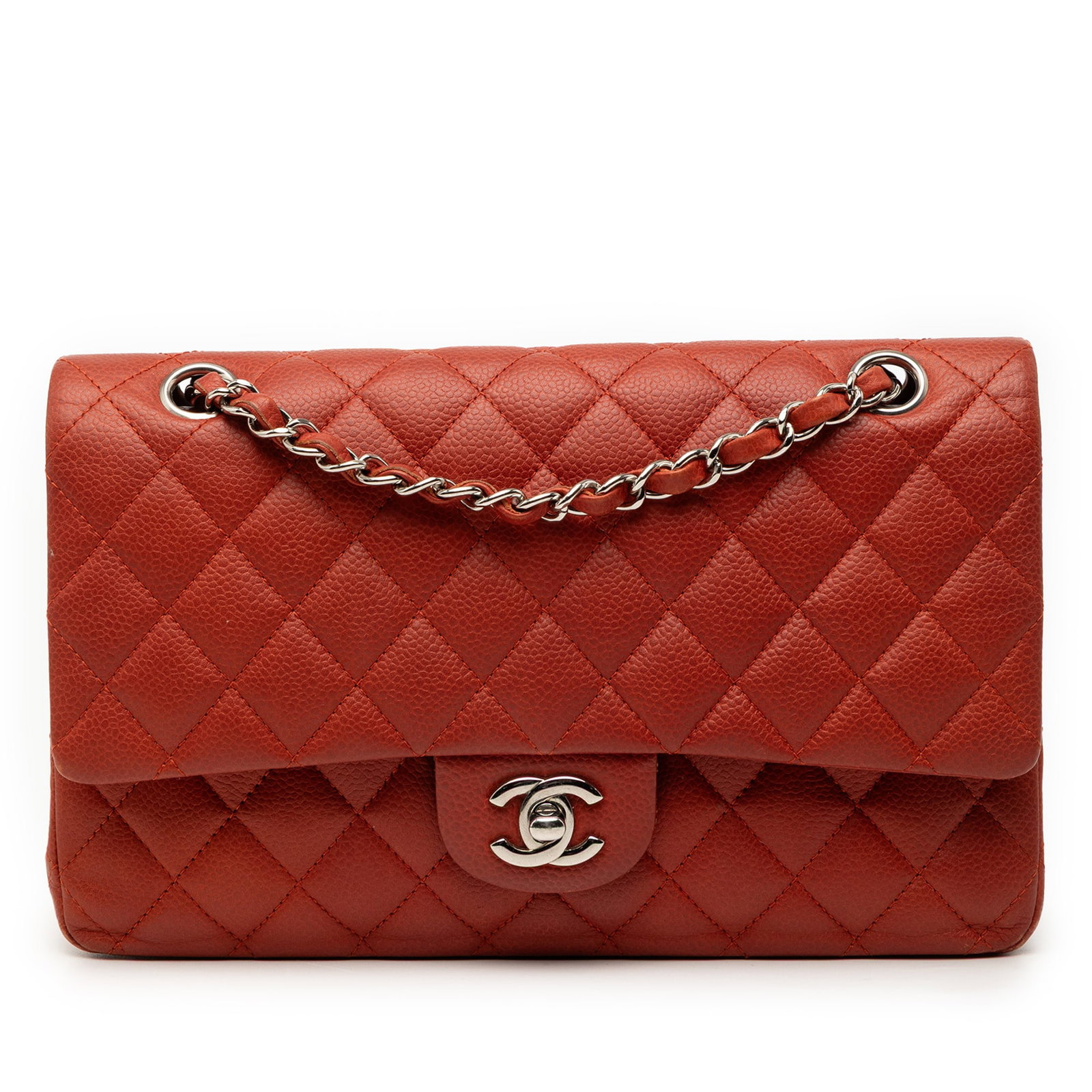 Red Chanel Medium Caviar Leather Double Flap Shoulder Bag: Red Chanel Medium Caviar Leather Double Flap Shoulder Bag This Chanel Medium Classic Caviar Double Flap shoulder bag features a quilted caviar leather exterior in red, double front flaps with a CC tur