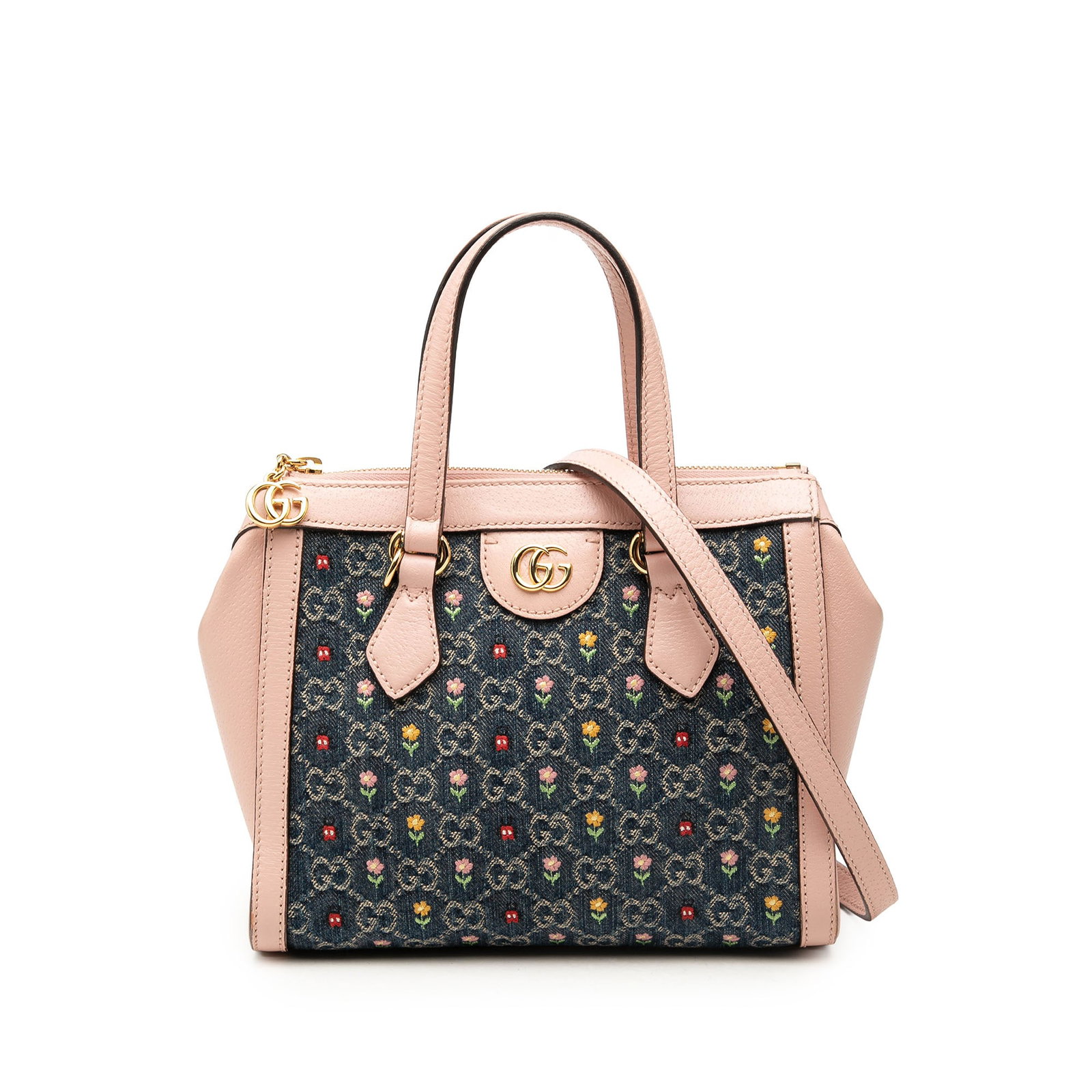 Gucci Ophidia Small GG Denim Satchel with Leather Trim: Gucci Ophidia Small GG Denim Satchel with Leather Trim Gucci Small GG Denim Embroidery Ophidia Satchel crafted with a denim body and leather trim. This satchel features flat leather handles, a detacha