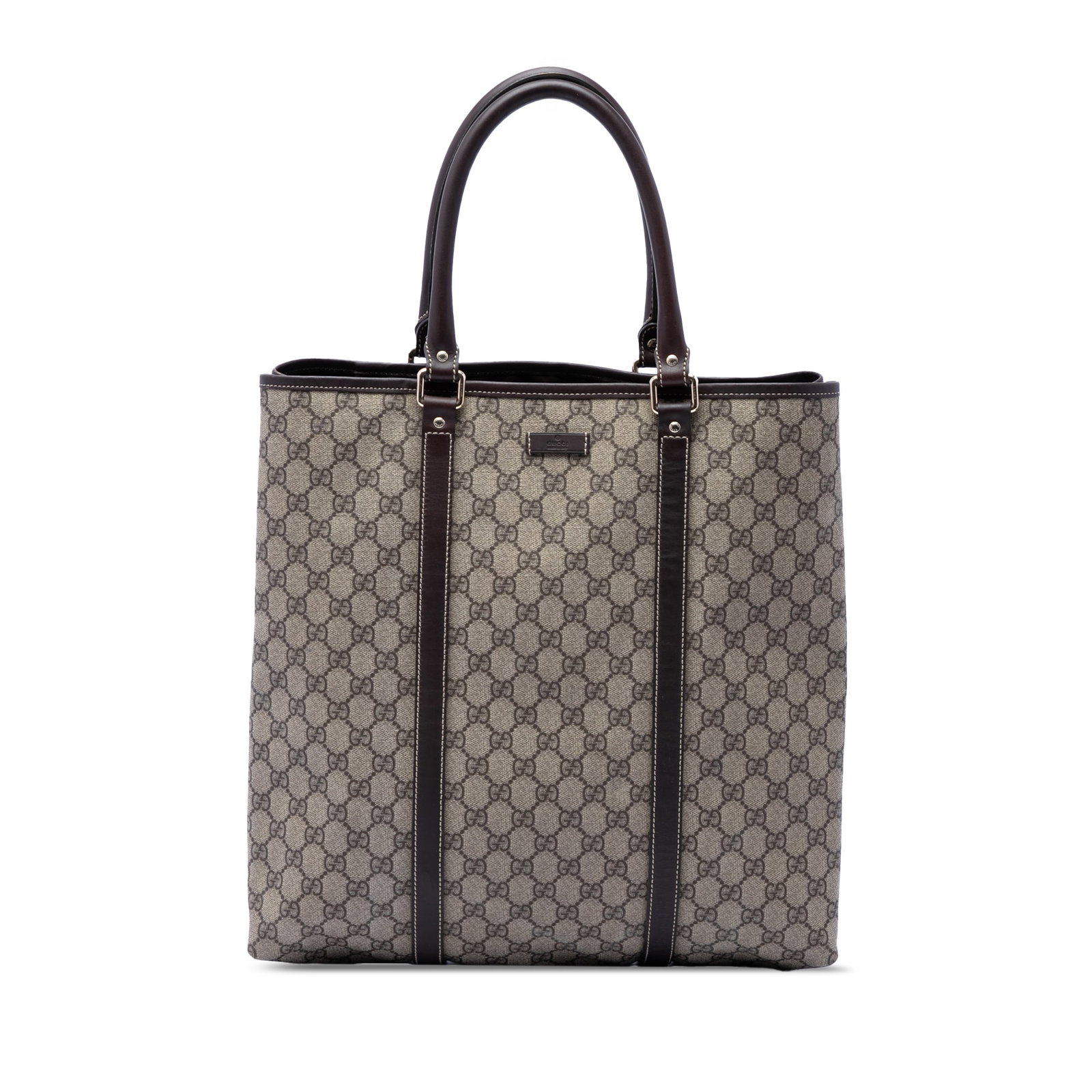Gucci Joy Vertical Tote in GG Supreme coated canvas: Gucci Joy Vertical Tote in GG Supreme coated canvas Gucci GG Supreme Joy Vertical Tote in beige with a coated canvas body and leather trim. This tote features rolled leather handles, an open top, an i
