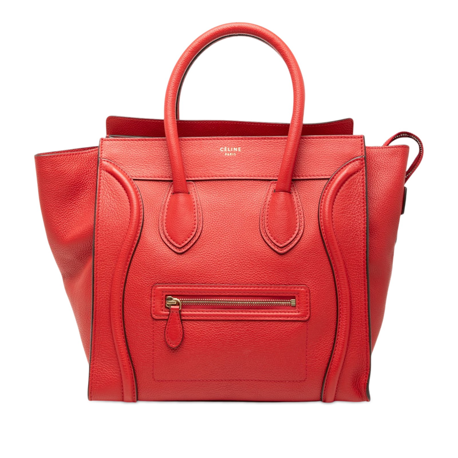 Celine Luggage Tote Mini Grained Calfskin Red Leather Bag: Celine Luggage Tote Mini Grained Calfskin Red Leather Bag A Celine Mini Grained Calfskin Luggage Tote in red leather with rolled leather handles, a top zip closure, an exterior front zip pocket, and i