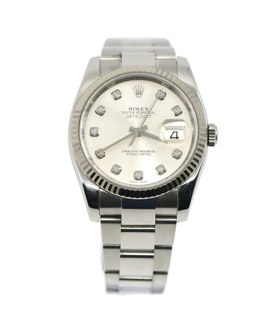 Rolex Datejust 36 Diamond Stainless Steel Watch Ref 116234 with Box: Rolex Datejust 36 Diamond Stainless Steel Watch Ref 116234 with Box Discover the elegance of this pre-owned Rolex Datejust 36 Diamond Stainless Steel Watch. This exquisite wristwatch features a mechan