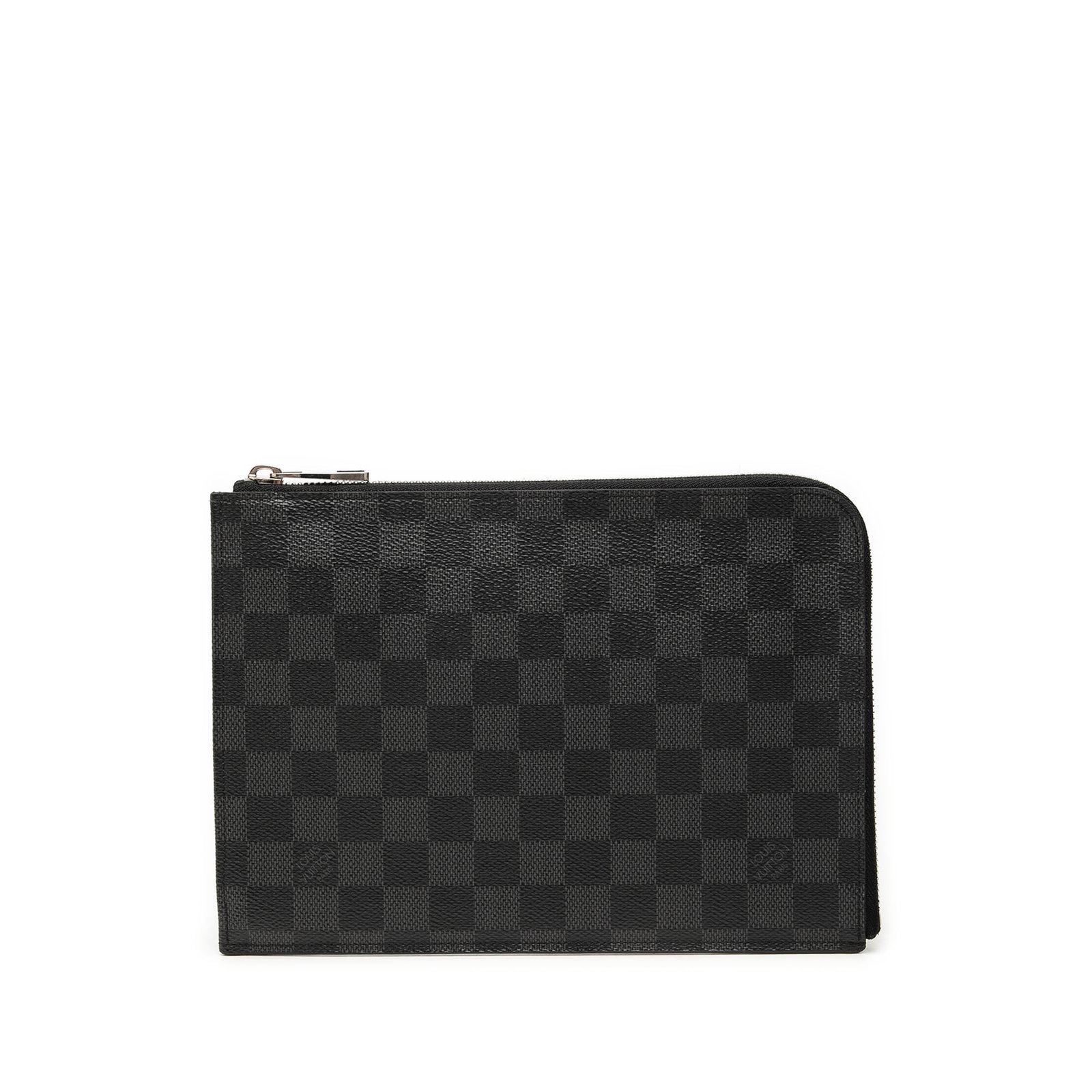 Louis Vuitton Pochette Jour PM Damier Graphite zip pouch: Louis Vuitton Pochette Jour PM Damier Graphite zip pouch A Louis Vuitton Damier Graphite Pochette Jour PM crafted with a damier canvas body and a top zip closure. The interior includes a slip pocket a