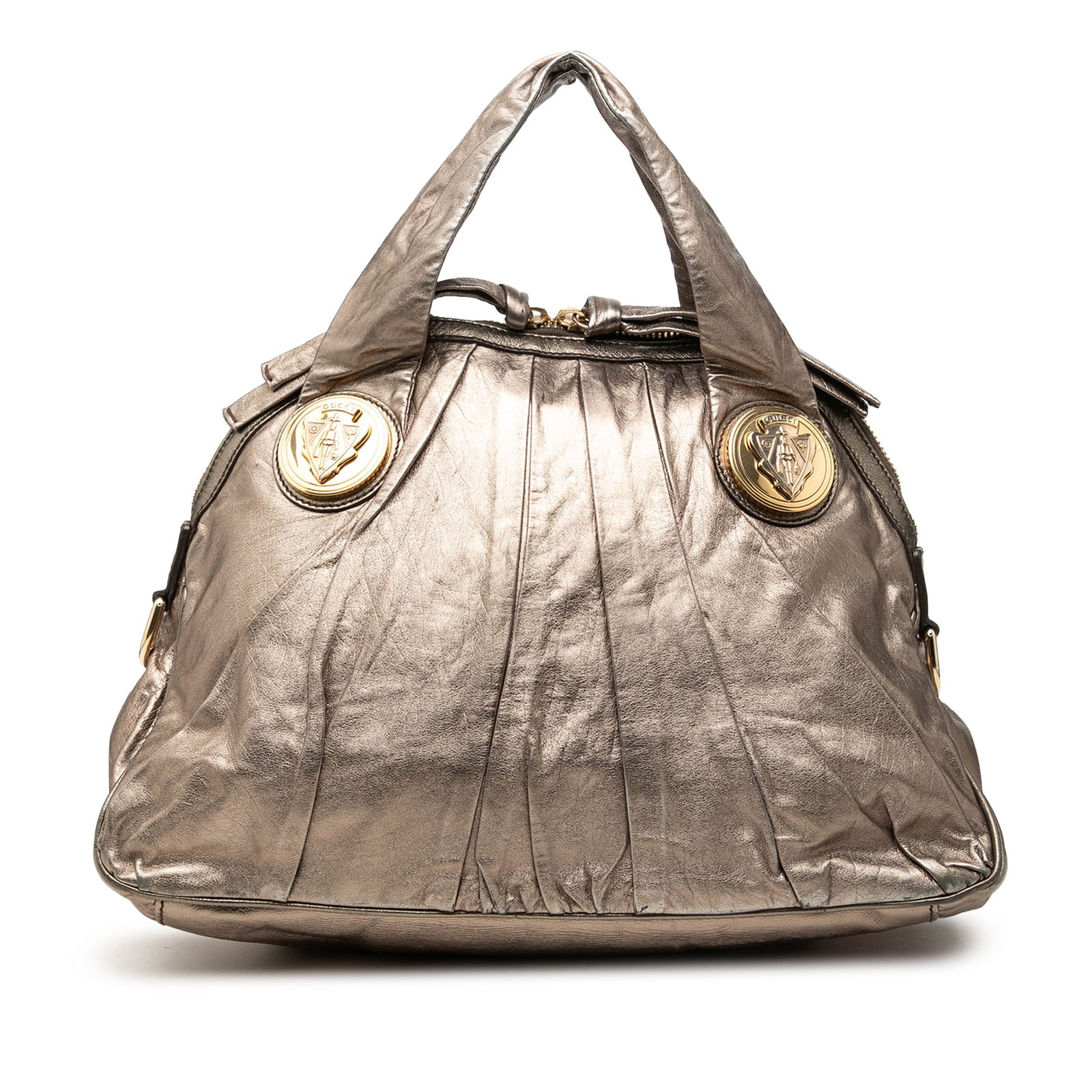 Gucci Hysteria Large Satchel Metallic Gold Calfskin Leather: Gucci Hysteria Large Satchel Metallic Gold Calfskin Leather A Gucci Hysteria satchel crafted in metallic calfskin leather with a structured silhouette and practical zip-top design. It features flat le