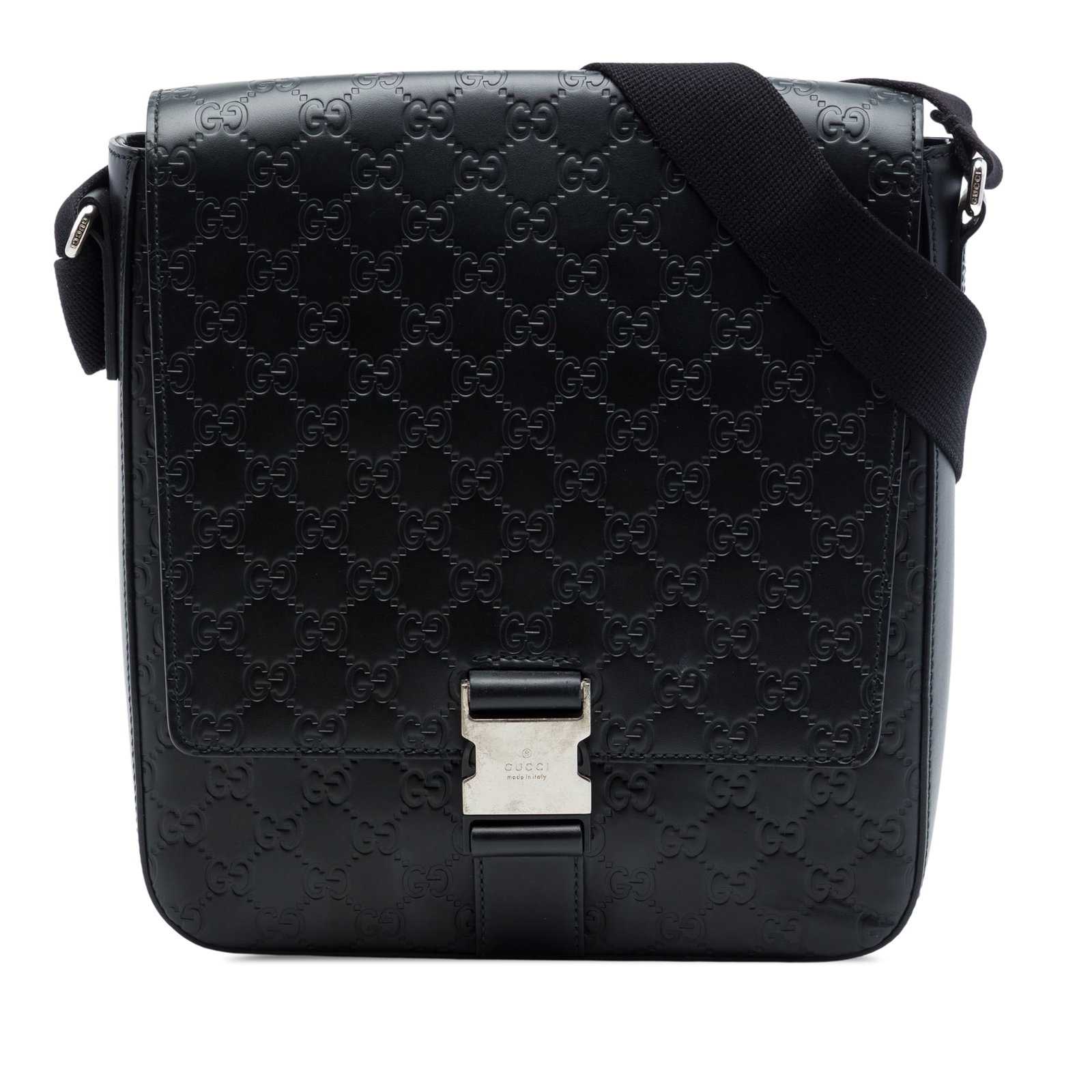 Gucci Guccissima leather messenger bag with flap buckle: Gucci Guccissima leather messenger bag with flap buckle A black Guccissima flap messenger bag crafted in embossed leather with an adjustable flat canvas shoulder strap. The design includes a front lea