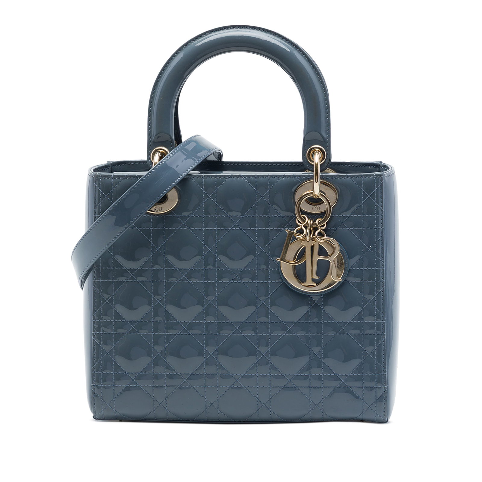 Dior Lady Dior Medium Blue Patent Leather Cannage Bag: Dior Lady Dior Medium Blue Patent Leather Cannage Bag Medium Lady Dior handbag in blue patent leather with Cannage quilting, flat top handles, a detachable strap, a fold-in flap closure, and an interi