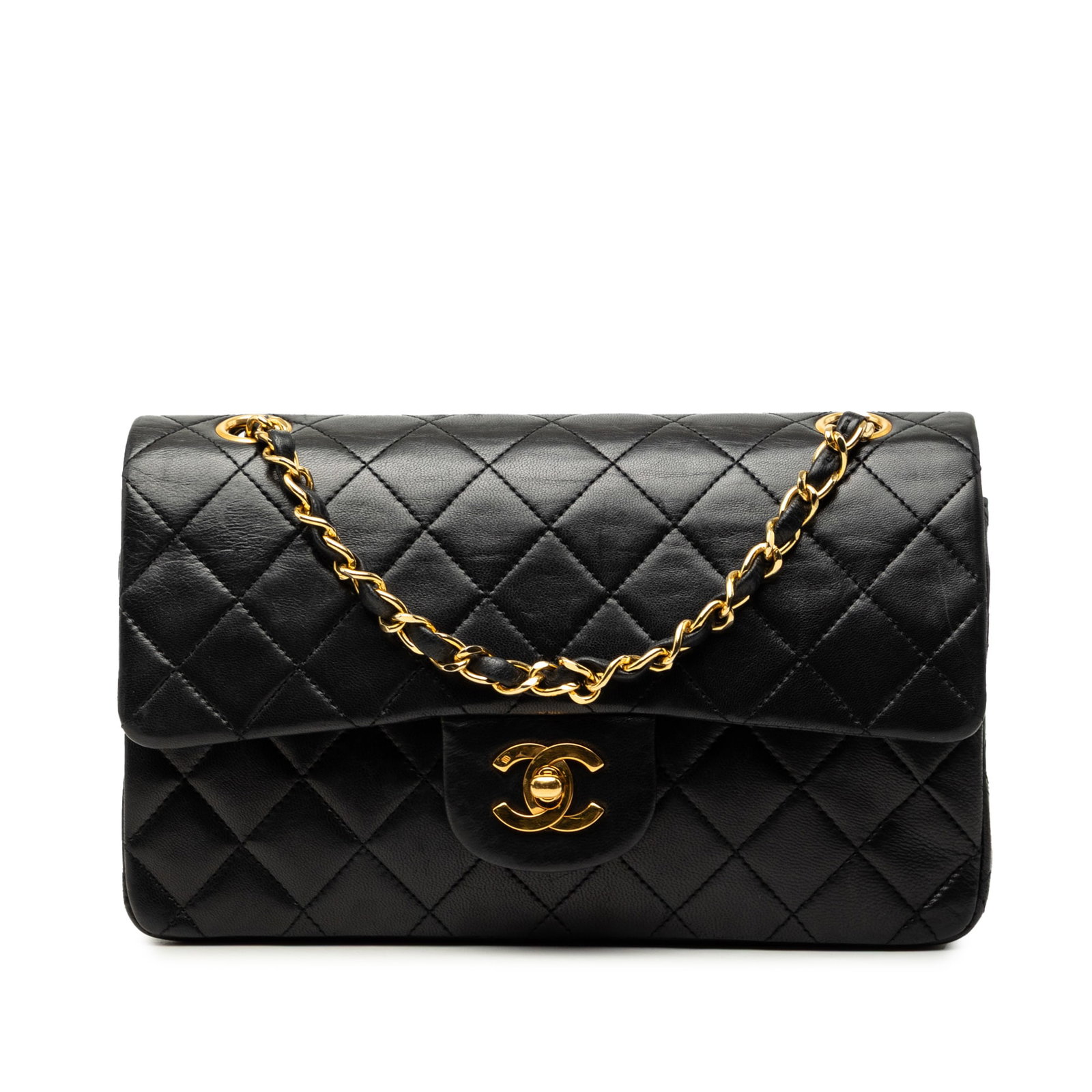 Chanel Small Classic Double Flap Shoulder Bag Black Lambskin: Chanel Small Classic Double Flap Shoulder Bag Black Lambskin A Chanel Small Classic Double Flap shoulder bag crafted in black quilted lambskin leather. This iconic design features leather-woven chain 