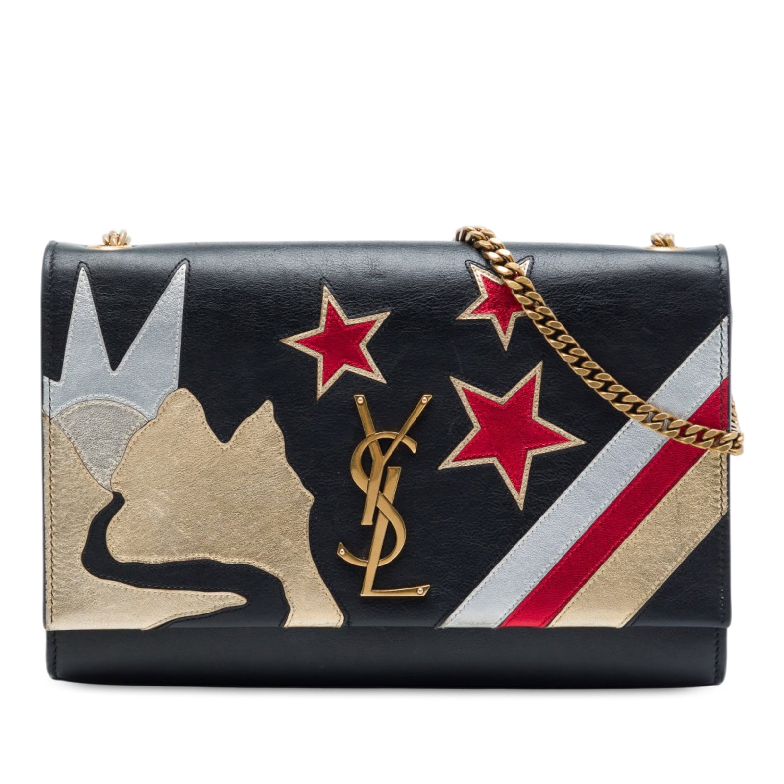 Saint Laurent Kate Medium Leather Crossbody with Chain Strap: Saint Laurent Kate Medium Leather Crossbody with Chain Strap A Saint Laurent Medium Kate Crossbody in smooth calfskin leather with the Rockstar Patchwork Monogram design. This bag features a leather b