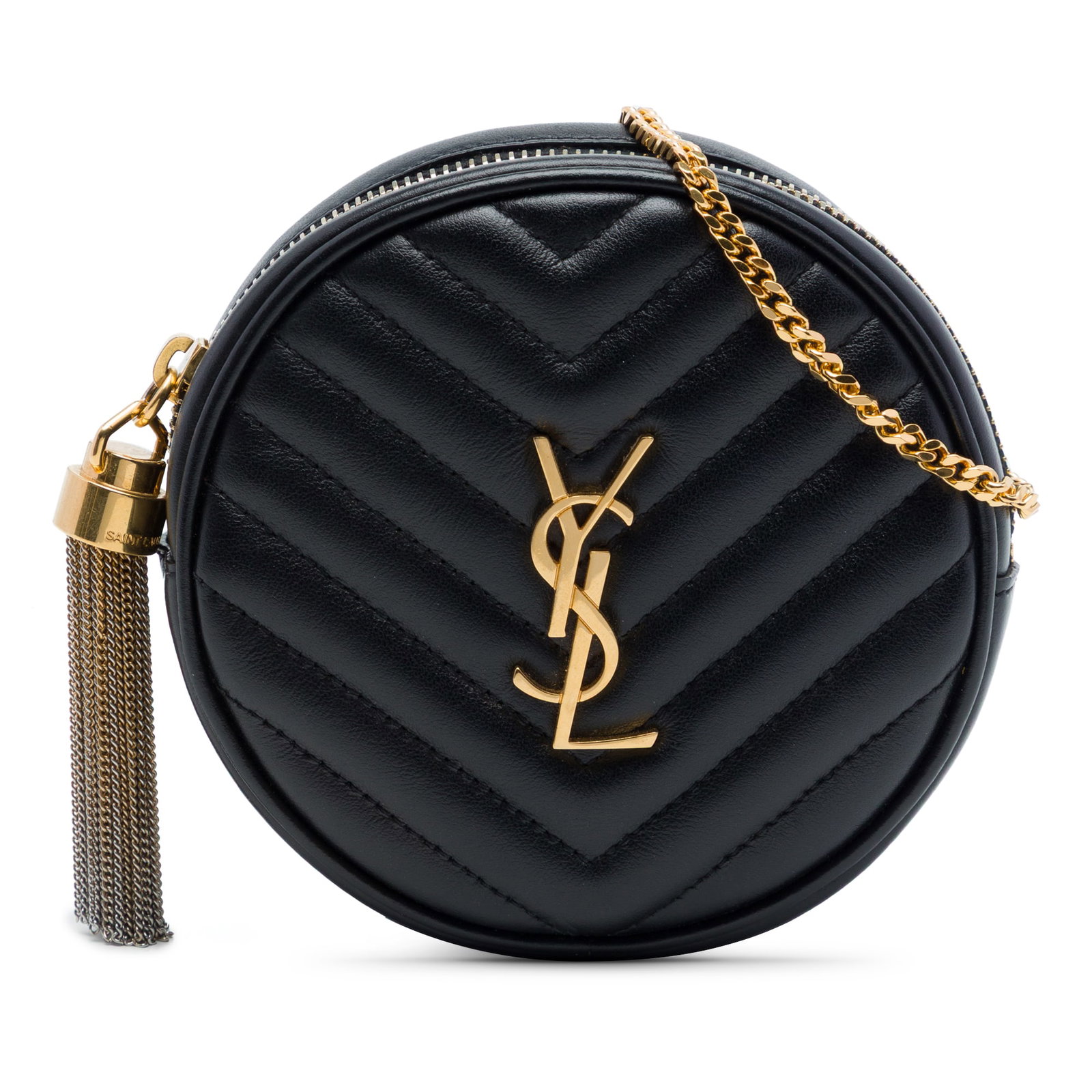 Black Leather Belt Bag Saint Laurent Baby Chevron Round Vinyle: Black Leather Belt Bag Saint Laurent Baby Chevron Round Vinyle Compact and distinctive, this Saint Laurent Baby Chevron Calfskin Round Vinyle Belt Bag is crafted in black quilted leather with an adjus