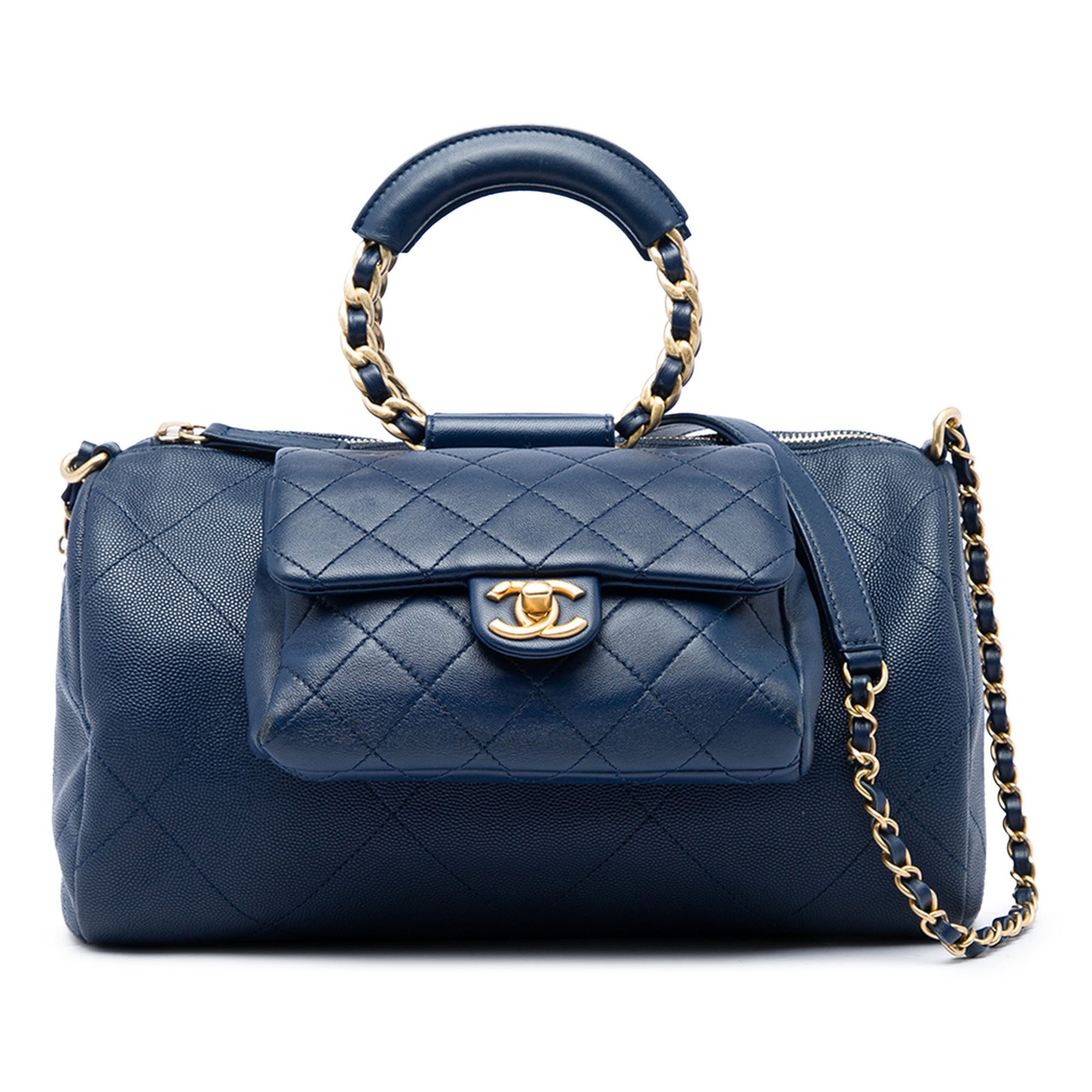 Chanel In The Loop Small Bowling Bag Blue Quilted Leather: Chanel In The Loop Small Bowling Bag Blue Quilted Leather A Chanel Small Quilted Caviar and Lambskin In The Loop Bowling Bag in blue, crafted with a quilted leather body. This satchel-style bag featur