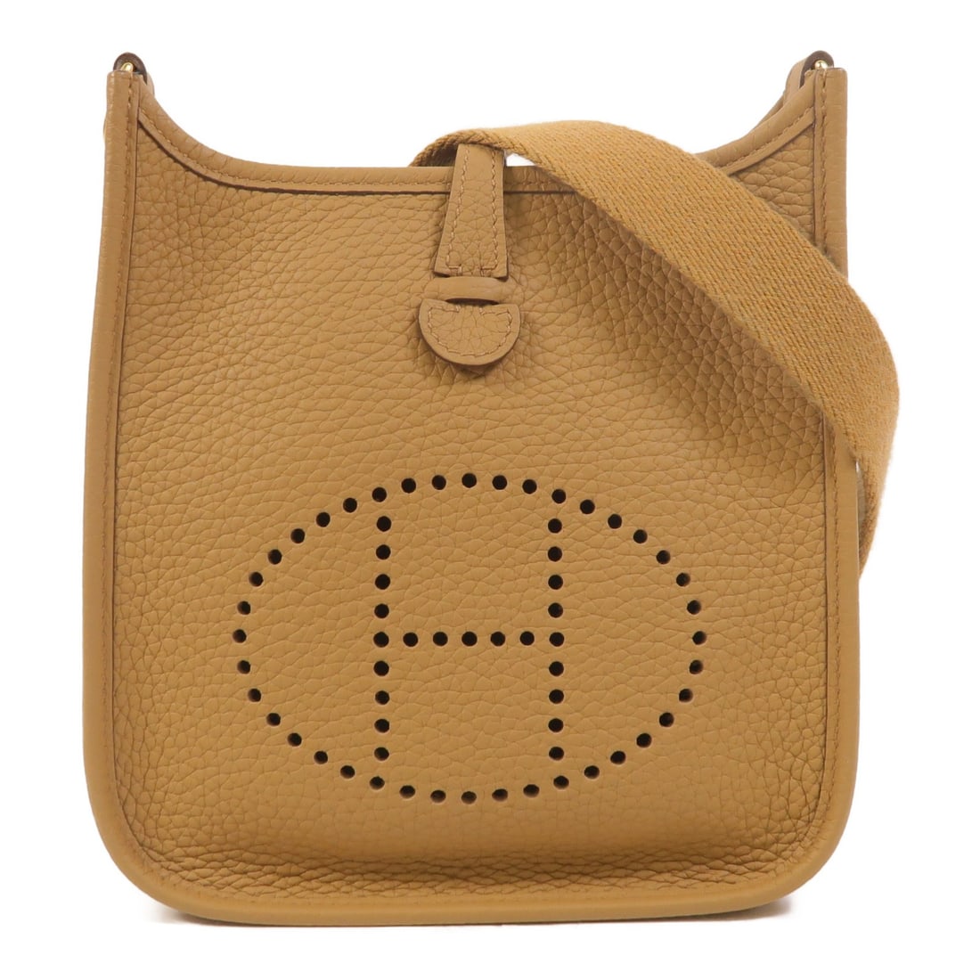 Hermes Evelyne TPM Taurillon Clemence Shoulder Bag Biscuit: Hermes Evelyne TPM Taurillon Clemence Shoulder Bag Biscuit Hermes Evelyne TPM shoulder bag in Biscuit Taurillon Clemence leather with brown accents and GHW. Made in France, this women's shoulder bag i