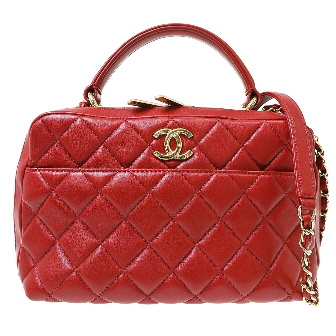 Chanel Trendy CC Top Handle Red Leather Handbag: Chanel Trendy CC Top Handle Red Leather Handbag A Chanel Trendy CC Top Handle handbag in red quilted lambskin leather. This structured top handle design is made in Italy and remains a stylish, recogni