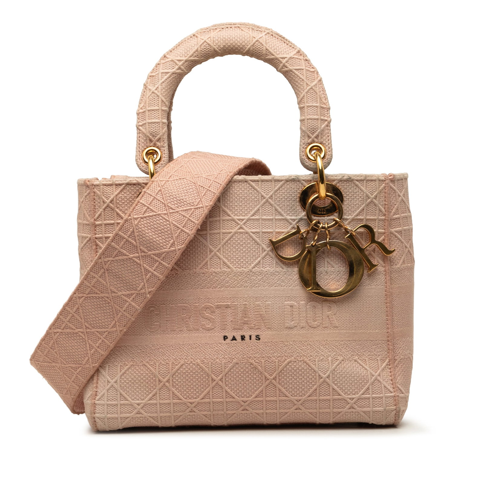 Dior Lady D Lite Medium Pink Cannage Embroidered Canvas Bag: Dior Lady D Lite Medium Pink Cannage Embroidered Canvas Bag Medium Lady D-Lite handbag in pink embroidered canvas with Cannage detailing. This bag features flat top handles, a detachable flat strap, a