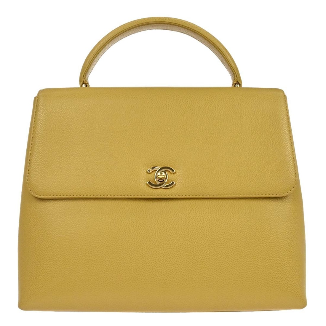 CHANEL Caviar Yellow Calfskin Satchel Top Handle Bag: CHANEL Caviar Yellow Calfskin Satchel Top Handle Bag Chanel top handle handbag in yellow caviar skin leather with a turn lock closure and gold-color hardware. This medium satchel-style bag features on