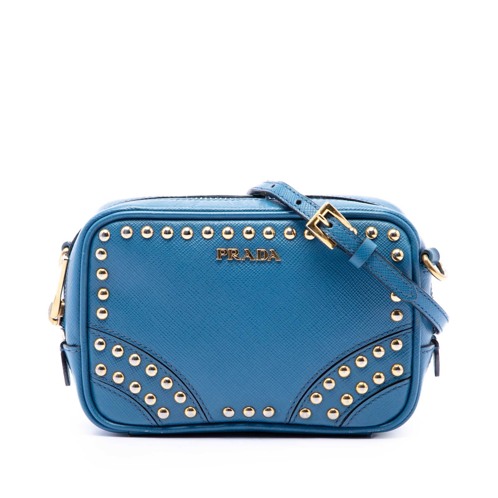 Prada Studded Saffiano Leather Crossbody Camera Bag Blue: Prada Studded Saffiano Leather Crossbody Camera Bag Blue Prada camera bag in blue Saffiano leather with stud detailing. This crossbody style features a detachable and adjustable flat leather strap