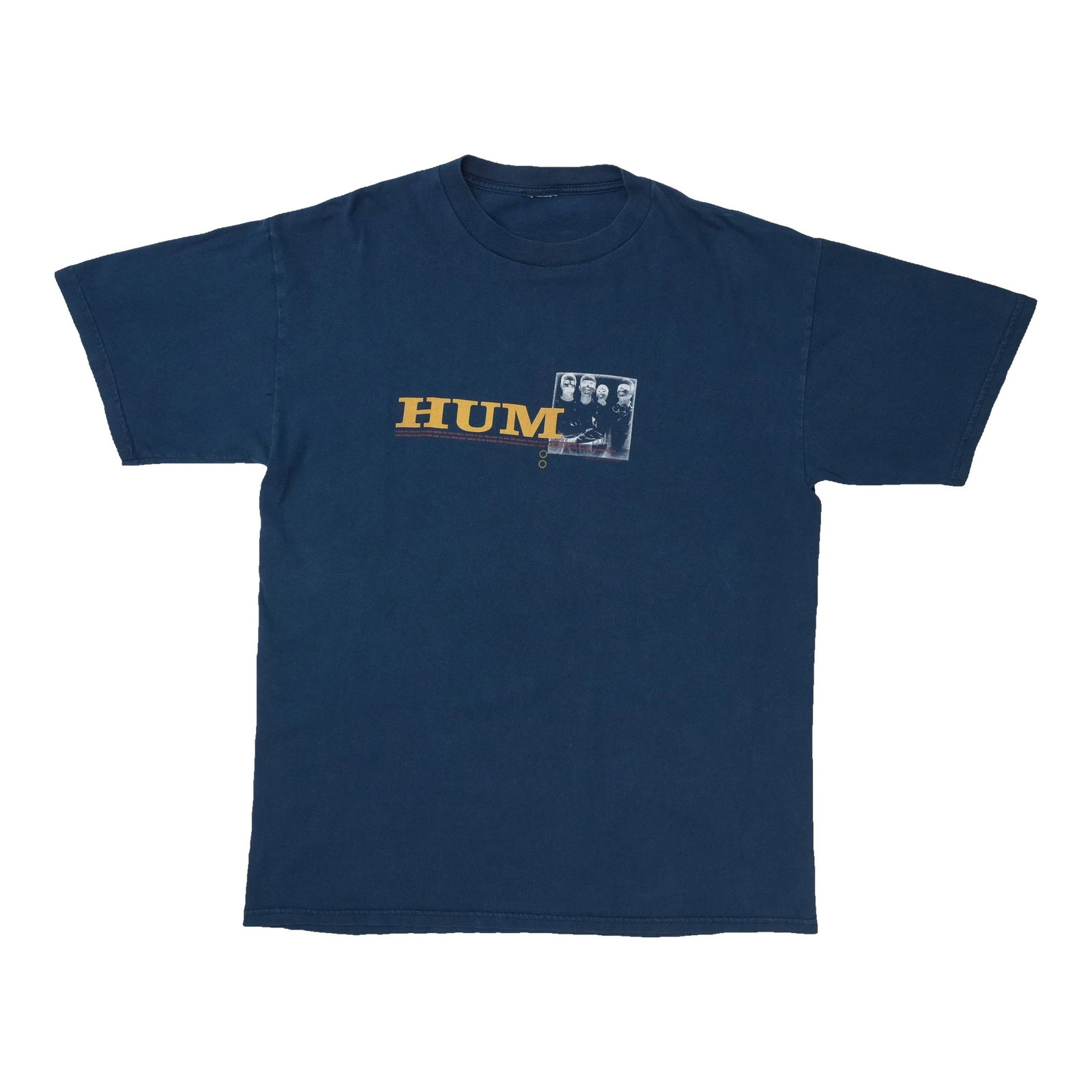 Vintage Hum T Shirt Navy 100% Cotton 1990s: Vintage Hum T Shirt Navy 100% Cotton 1990s Original vintage 1990s Hum shirt in navy 100% cotton. This is a true vintage piece, not a modern reproduction. It is in good condition with small holes near