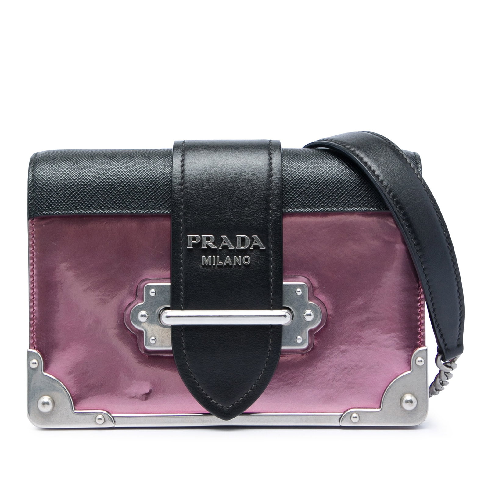 Prada Cahier Metallic Leather Shoulder Bag with Saffiano Trim: Prada Cahier Metallic Leather Shoulder Bag with Saffiano Trim Prada Cahier bag in pink metallic Vitello leather with Saffiano leather trim. This bag features a detachable curb chain link strap with le