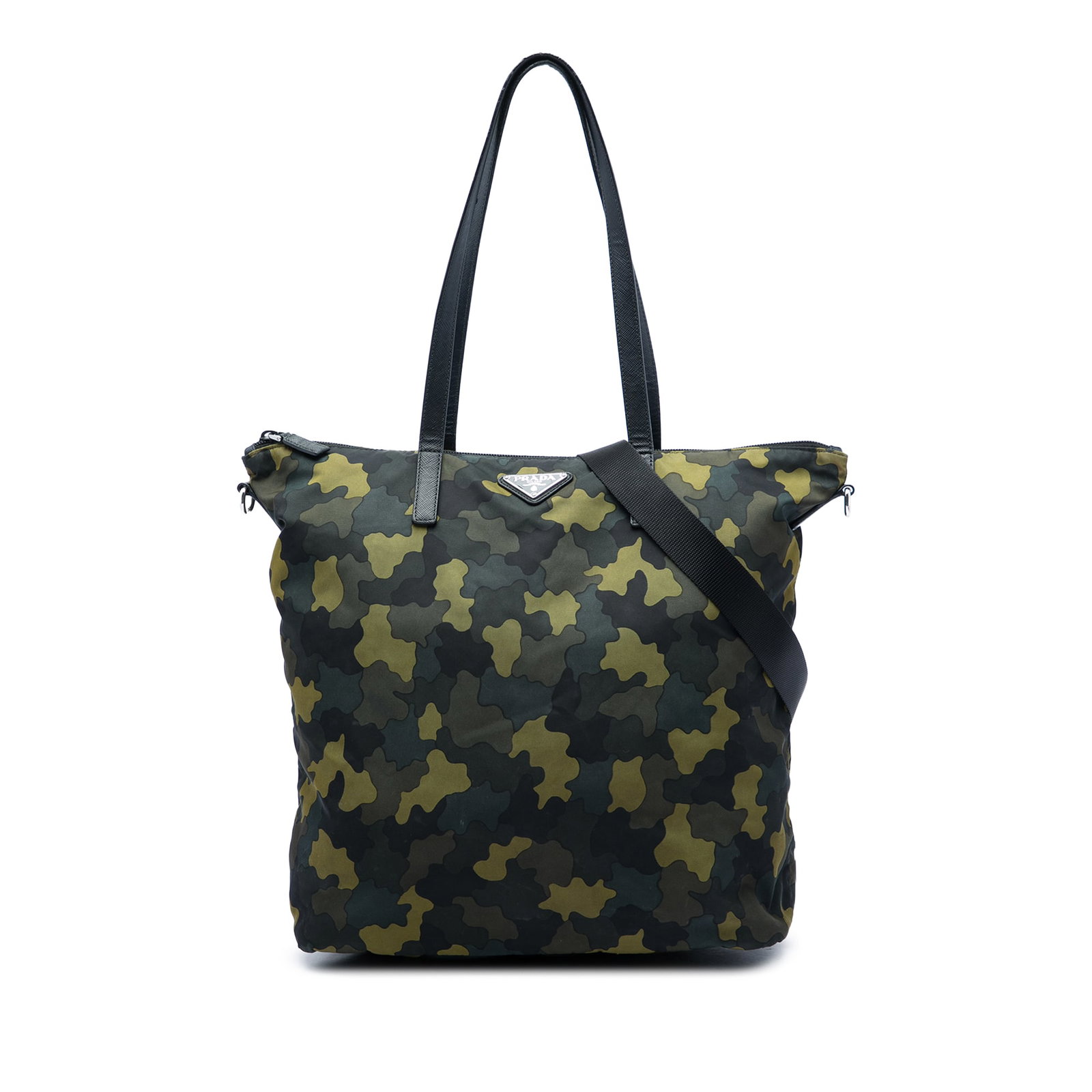 Prada Tessuto Stampato Nylon Satchel with Leather Trim: Prada Tessuto Stampato Nylon Satchel with Leather Trim Prada Tessuto Stampato satchel in printed nylon with leather trim. It features flat leather handles, a detachable flat nylon strap, a top zip clo