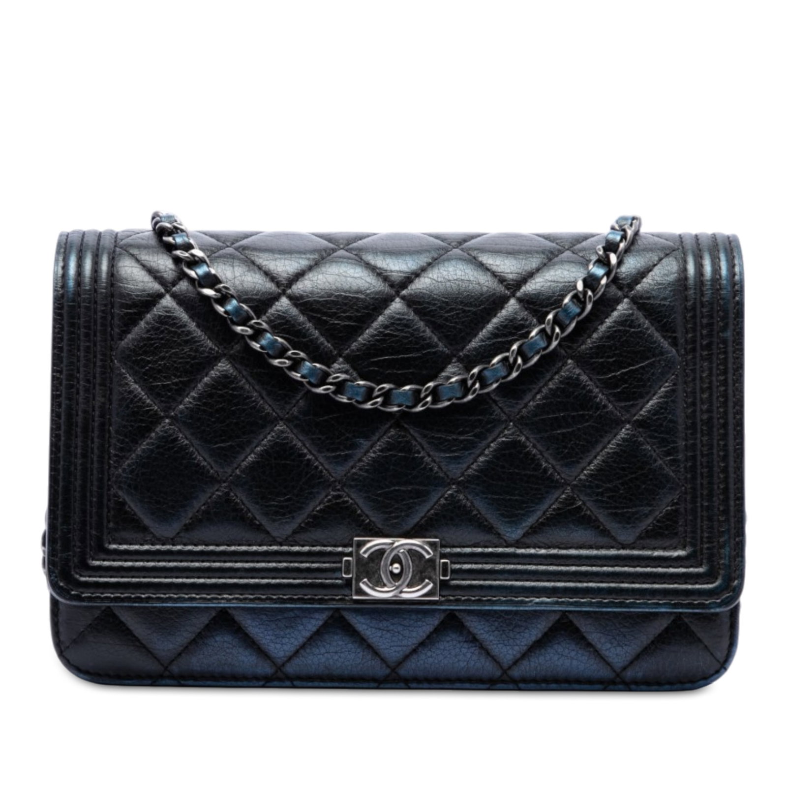 Chanel Boy Wallet on Chain in Black Quilted Aged Calfskin: Chanel Boy Wallet on Chain in Black Quilted Aged Calfskin This Chanel Boy wallet on chain is crafted in black quilted aged calfskin leather and features a leather-woven chain link shoulder strap with 