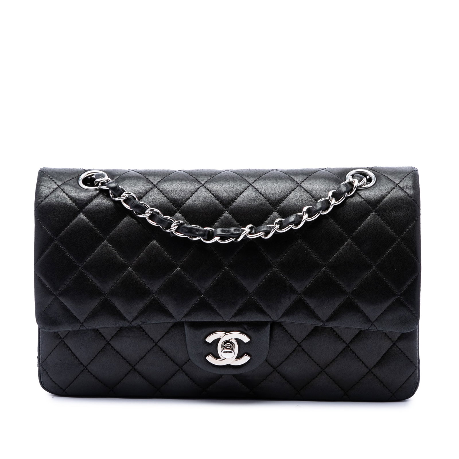 Chanel Medium Classic Double Flap Shoulder Bag Black Lambskin: Chanel Medium Classic Double Flap Shoulder Bag Black Lambskin A Chanel Medium Classic Lambskin Double Flap shoulder bag in black quilted lambskin leather. It features leather-woven chain link straps, 