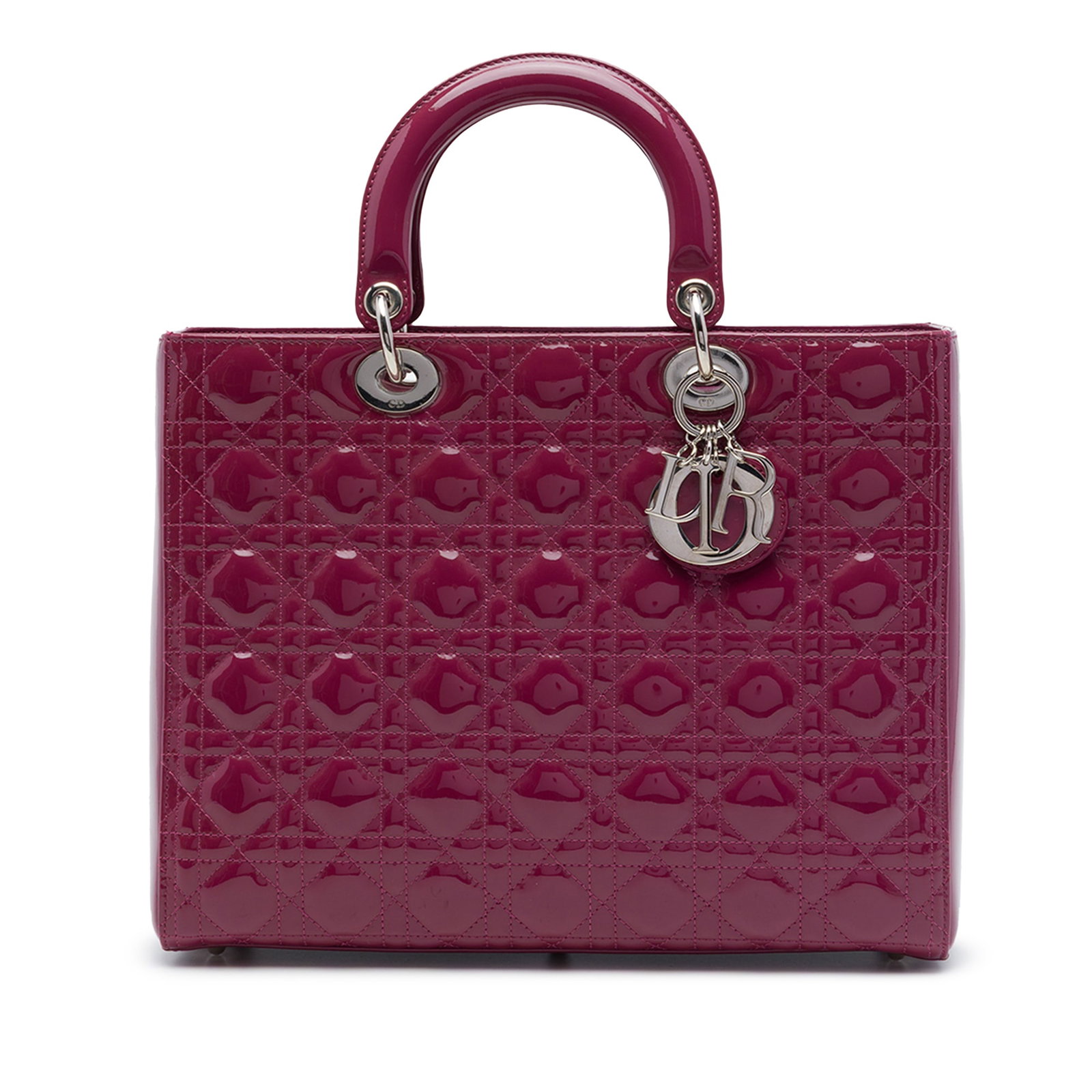 Dior Lady Dior Large Cannage Patent Leather Handbag: Dior Lady Dior Large Cannage Patent Leather Handbag Large Lady Dior handbag in purple patent leather with the Cannage quilted design. It features rolled top handles, a top zip closure, and an interior