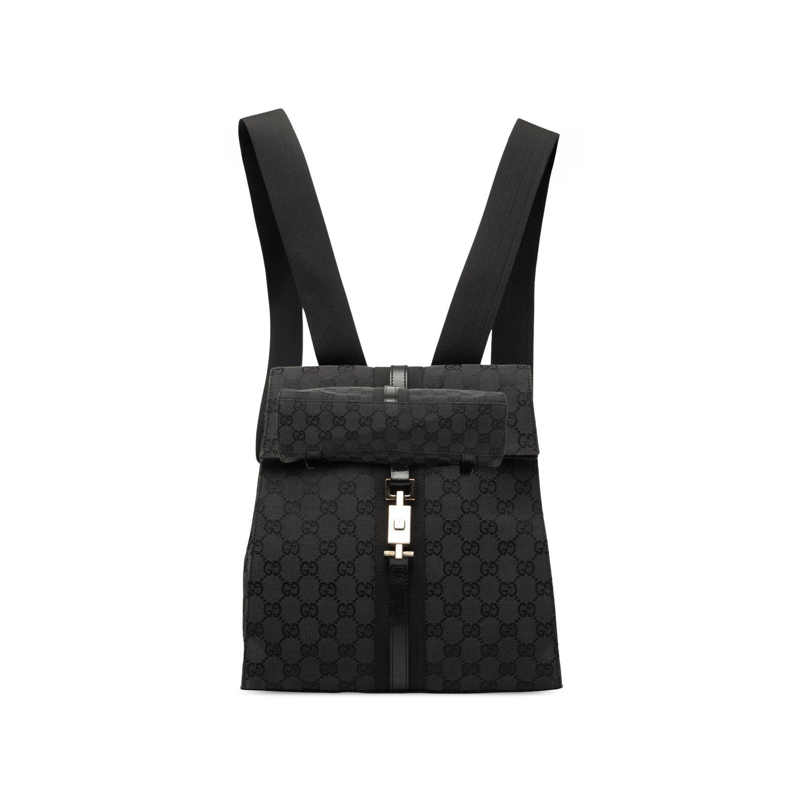 Gucci Jackie GG Canvas Backpack Black: Gucci Jackie GG Canvas Backpack Black Gucci Jackie backpack in black GG canvas with a flap and push-lock closure. The design includes adjustable flat back straps and an interior zip pocket. Includes d