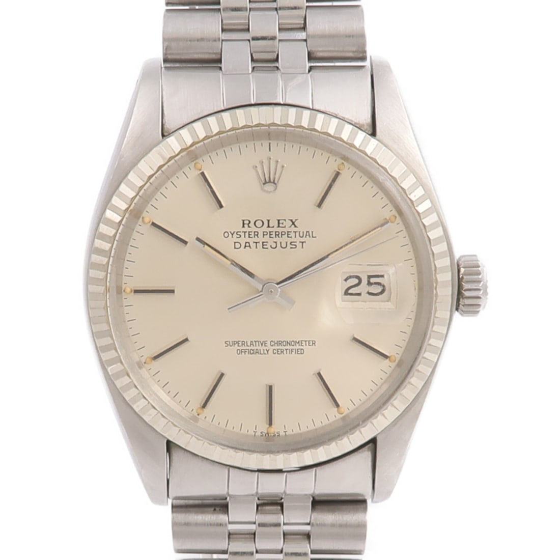ROLEX 16014 Datejust mens automatic wristwatch in steel and 18K white gold: ROLEX 16014 Datejust mens automatic wristwatch in steel and 18K white gold Rolex Datejust ref. 16014 automatic wristwatch for men with a silver dial, stainless steel case and band, and 18K white gold 